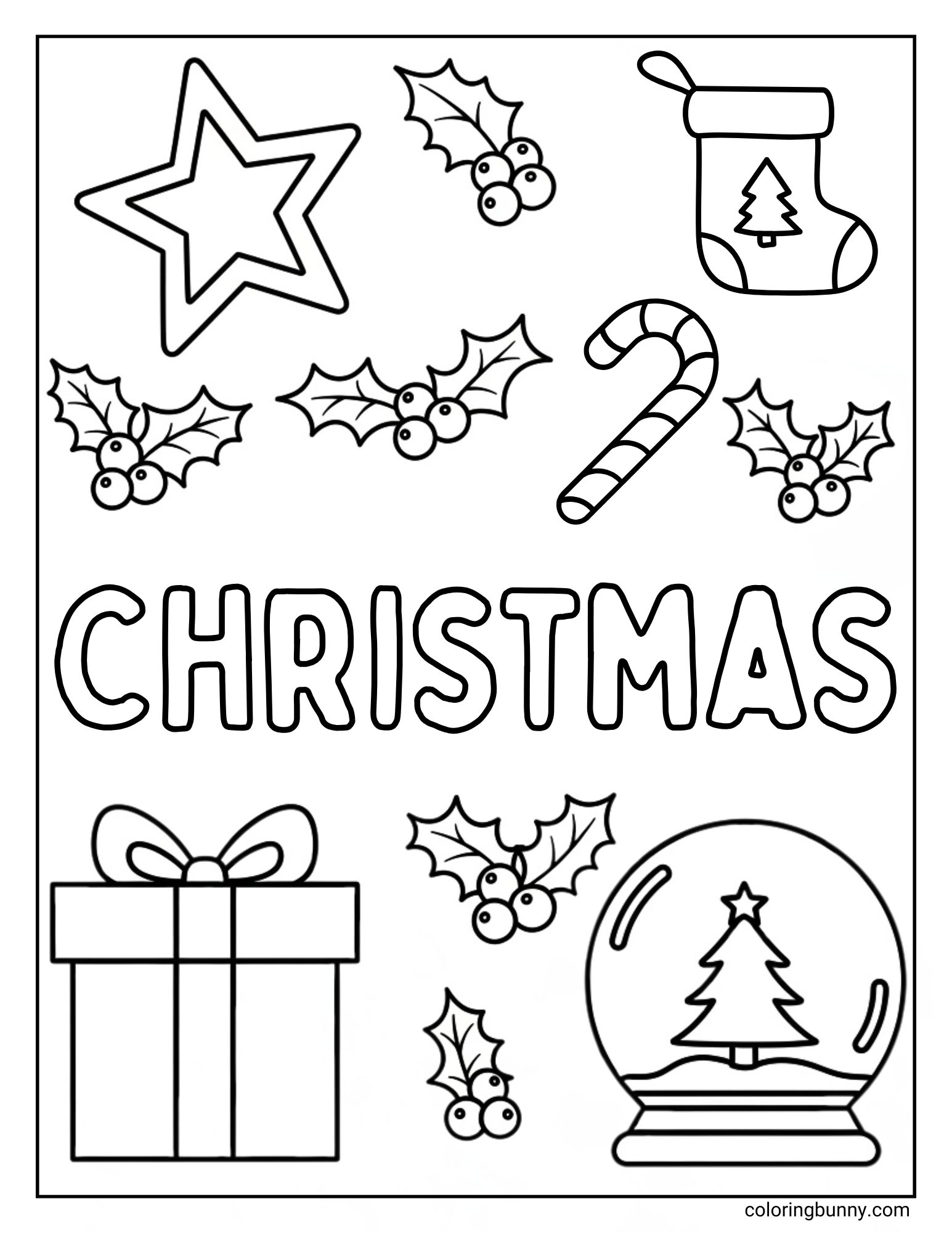 A black and white coloring page with the word "CHRISTMAS" in the center. The page is surrounded by simple Christmas doodles, including a star, a stocking, a present, a candy cane, a snow globe, and holly.