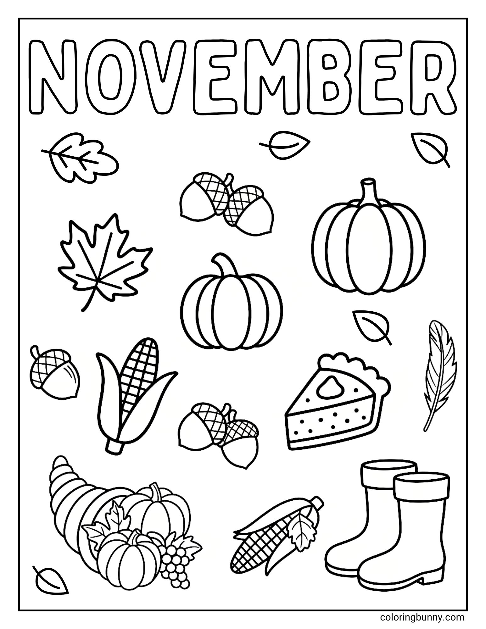 A black and white coloring page with the word "NOVEMBER" at the top. The page is filled with various autumn icons, including pumpkins, acorns, corn, a cornucopia, a slice of pie, boots, and leaves.
