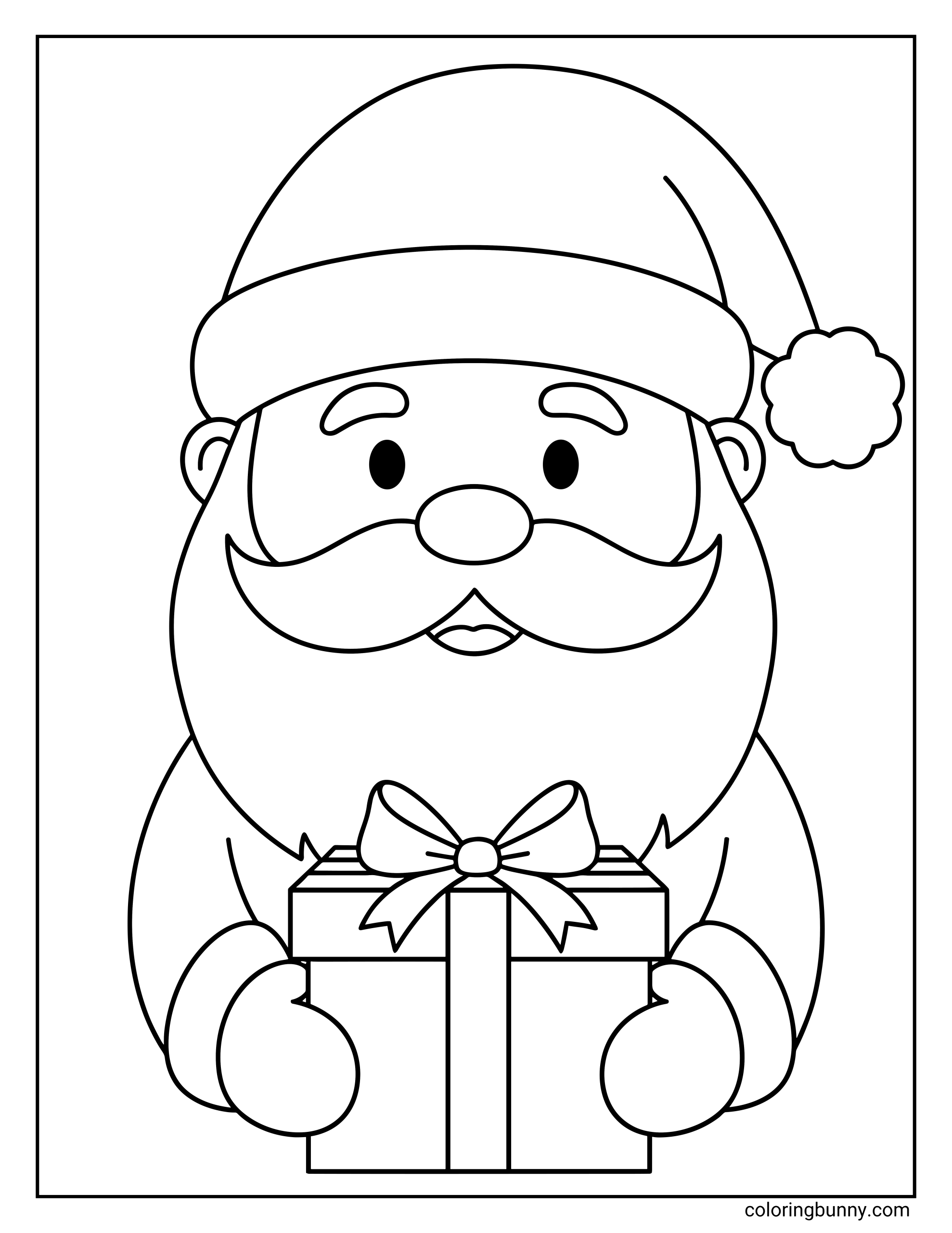 A simple coloring sheet featuring a close-up of a smiling Santa Claus holding a wrapped gift box with a ribbon bow directly in front of him.