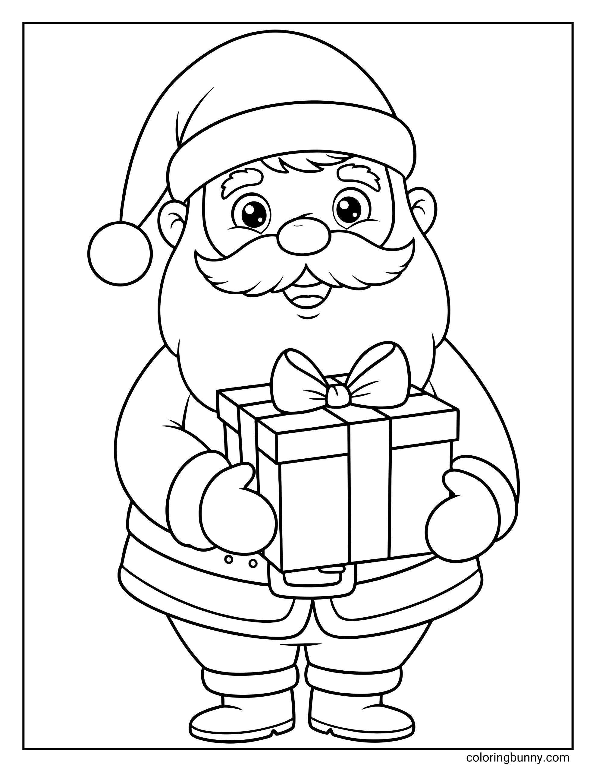 A simple coloring page featuring a cute cartoon Santa Claus standing and smiling. He is holding a wrapped gift box with a ribbon bow in front of him.