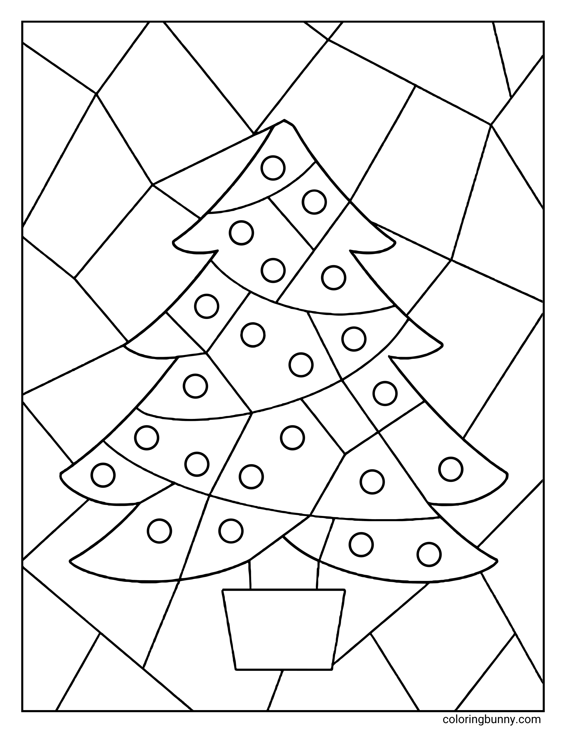 A coloring sheet featuring a potted pine tree designed with a stained-glass effect. The tree and background are divided into angular segments, with simple circle decorations on the branches.