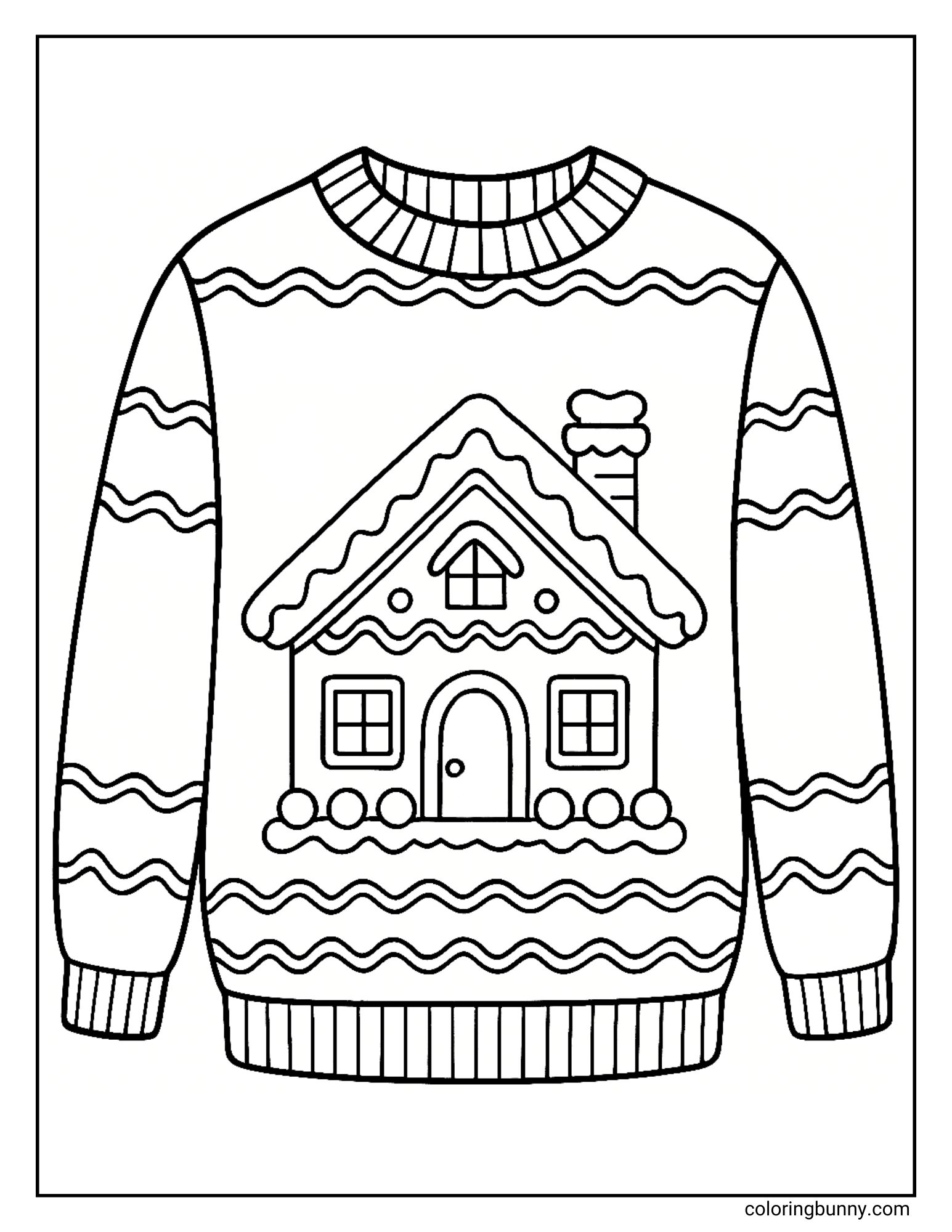 A gingerbread house coloring sheet featuring a knitted Christmas jumper. The shirt has a design of a gingerbread house with a chimney in the center, surrounded by wavy striped patterns on the sleeves and body.