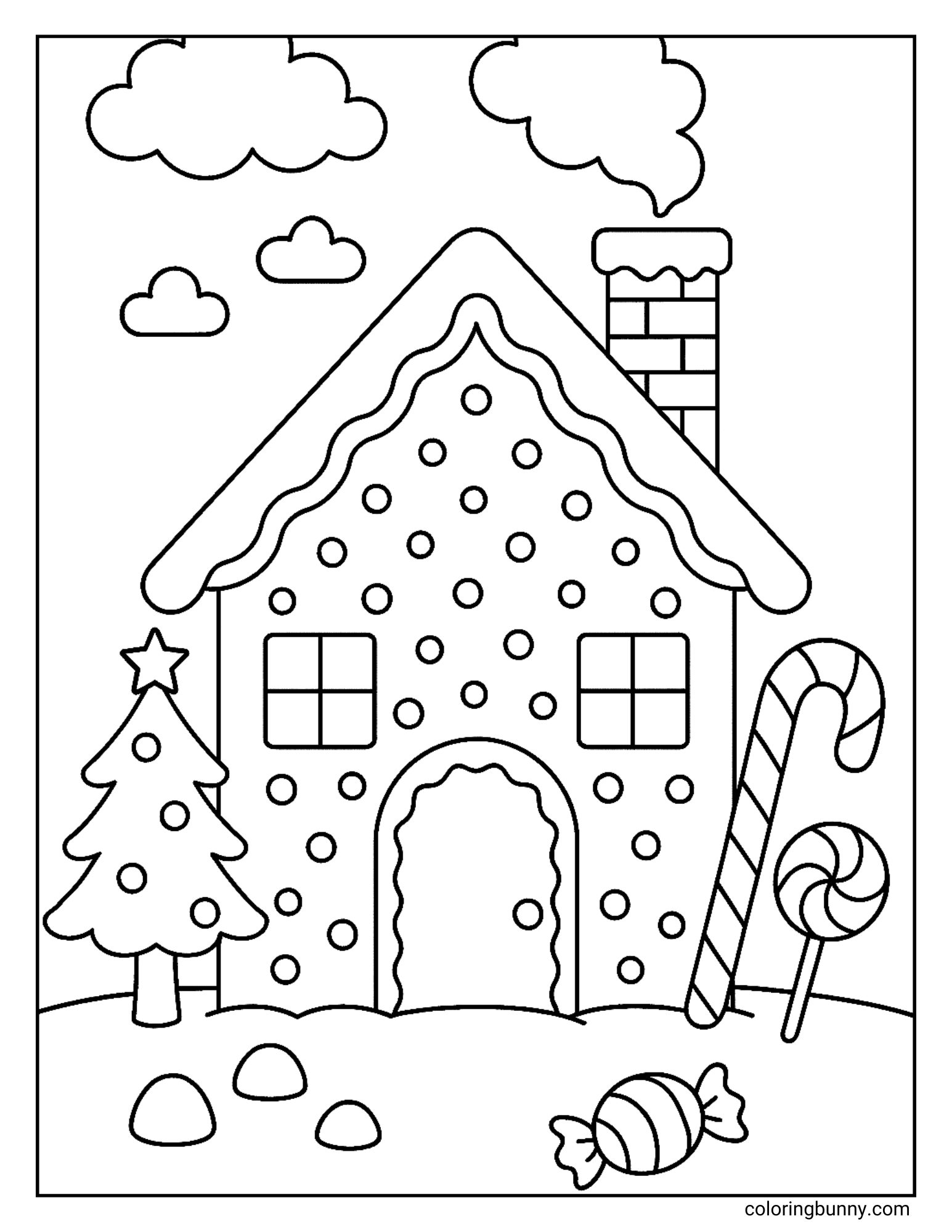 A printable coloring sheet depicting a gingerbread house with polka dots and a chimney puffing smoke. It is flanked by a decorated Christmas tree and a large candy cane.