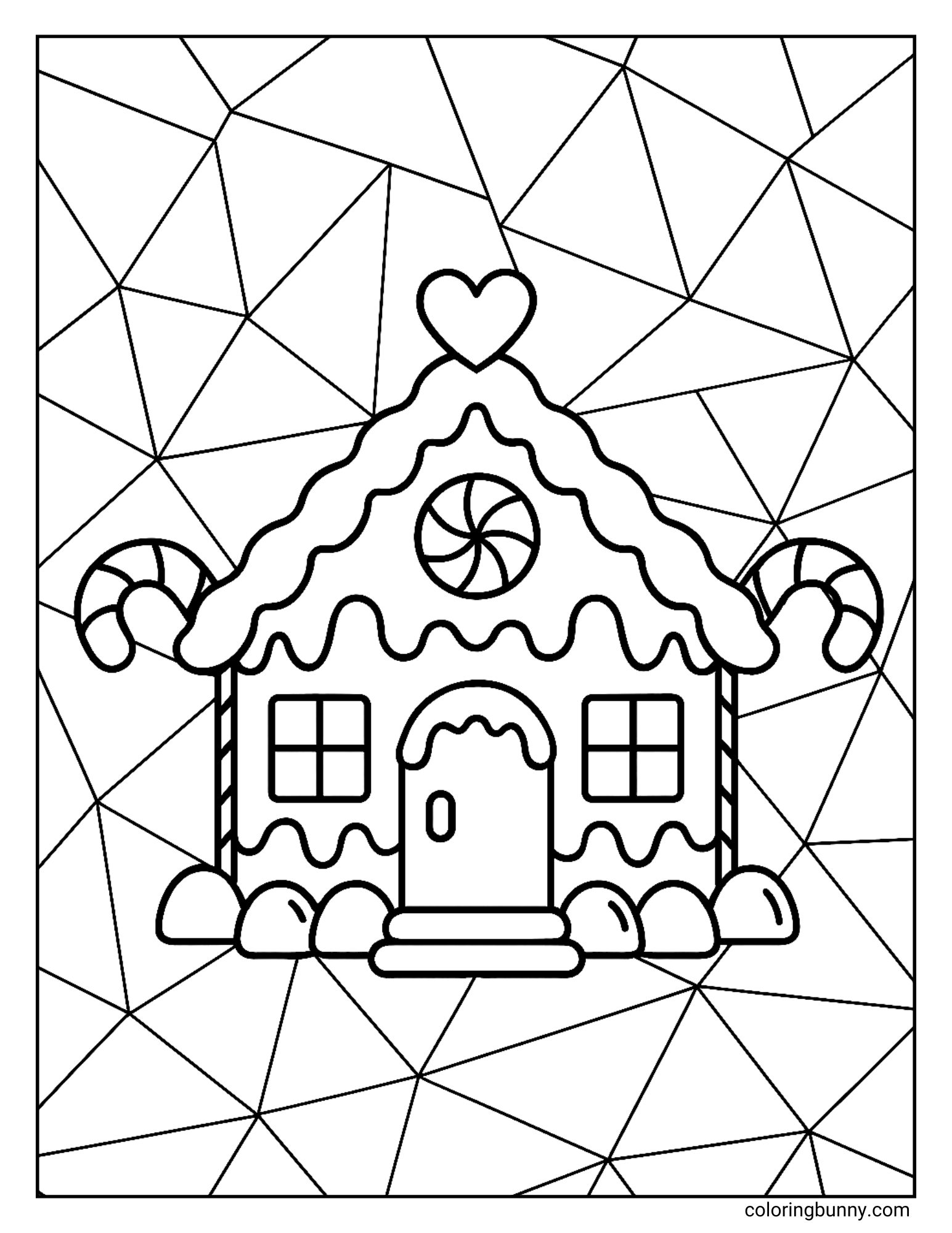 A coloring sheet featuring a cartoon gingerbread house with a heart decoration on the roof peak. The house has candy cane details on the sides and is set against a geometric, mosaic-patterned background.