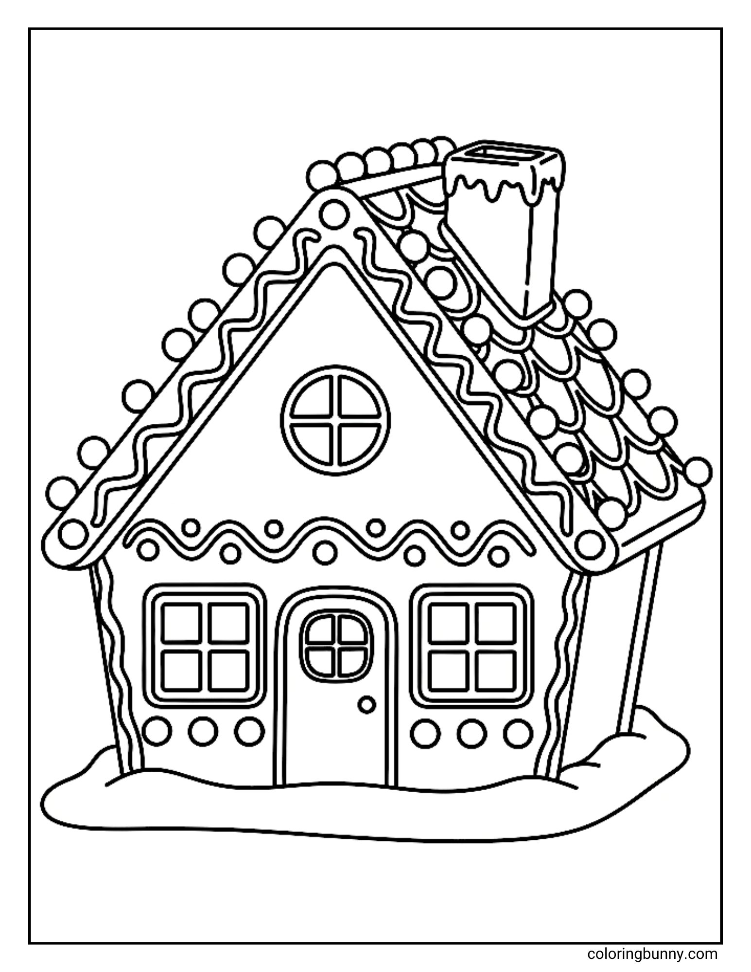 A printable coloring sheet showing a gingerbread house sitting on a snowdrift. The roof is detailed with scalloped icing tiles and lined with small round gumdrops along the edges.