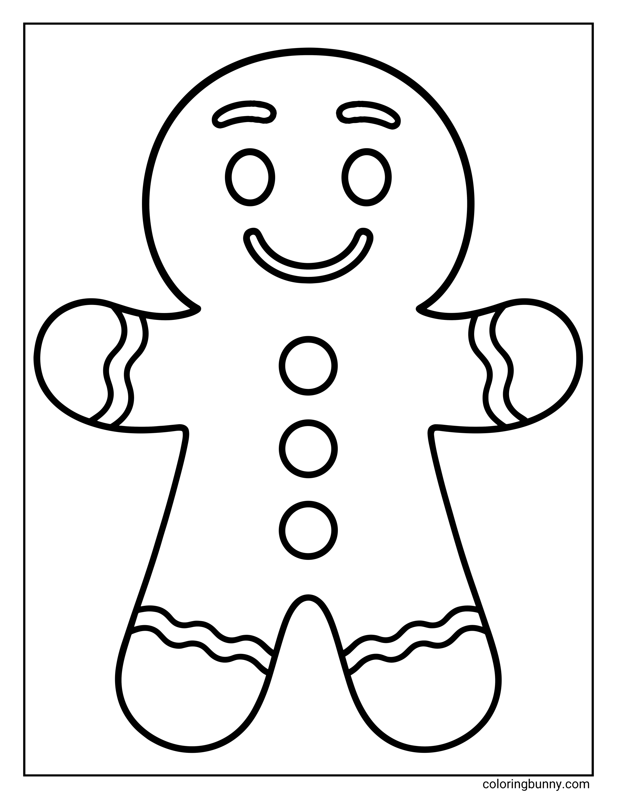 A coloring page featuring a simple outline of a smiling gingerbread man with three round buttons down his chest.