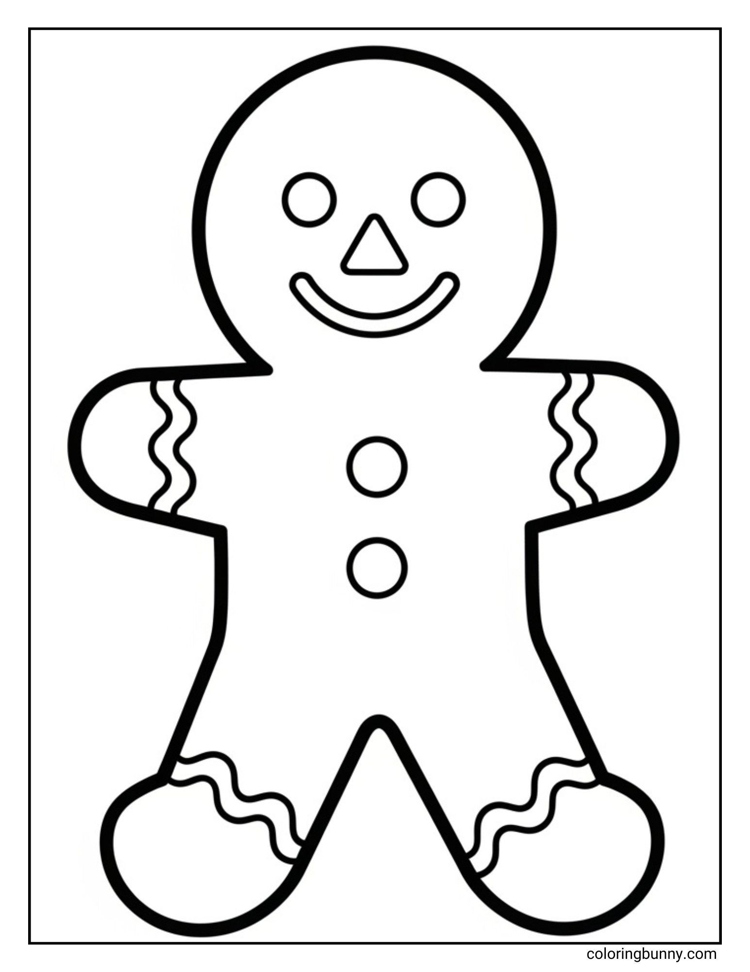 A black and white coloring page featuring a simple, smiling gingerbread man. The design includes two circle buttons, a smile, and wavy frosting lines on its arms and legs.