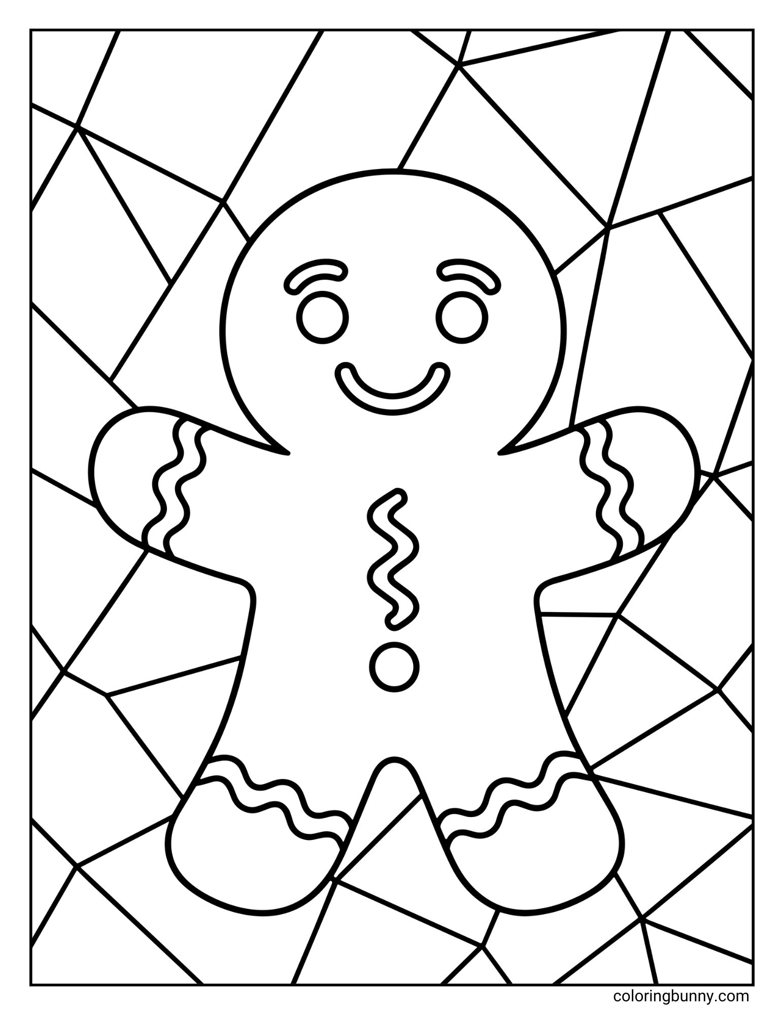A black and white coloring page featuring a simple, smiling gingerbread man. The background has a geometric pattern of intersecting lines, creating a mosaic effect.