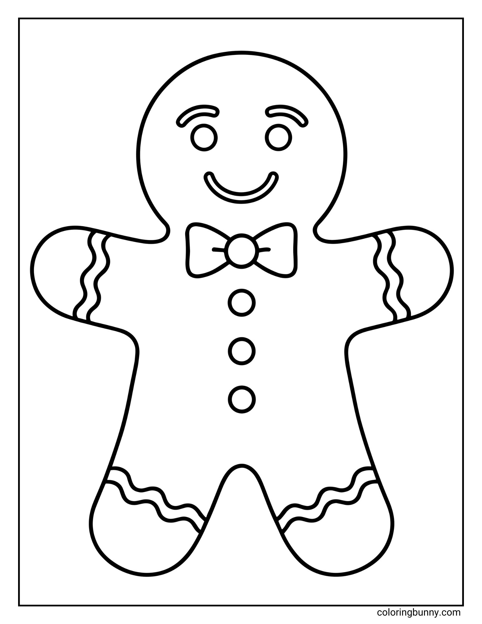A coloring sheet featuring a large, simple outline of a smiling gingerbread man. He is wearing a bow tie and three round buttons, with wavy icing lines on his wrists and ankles.