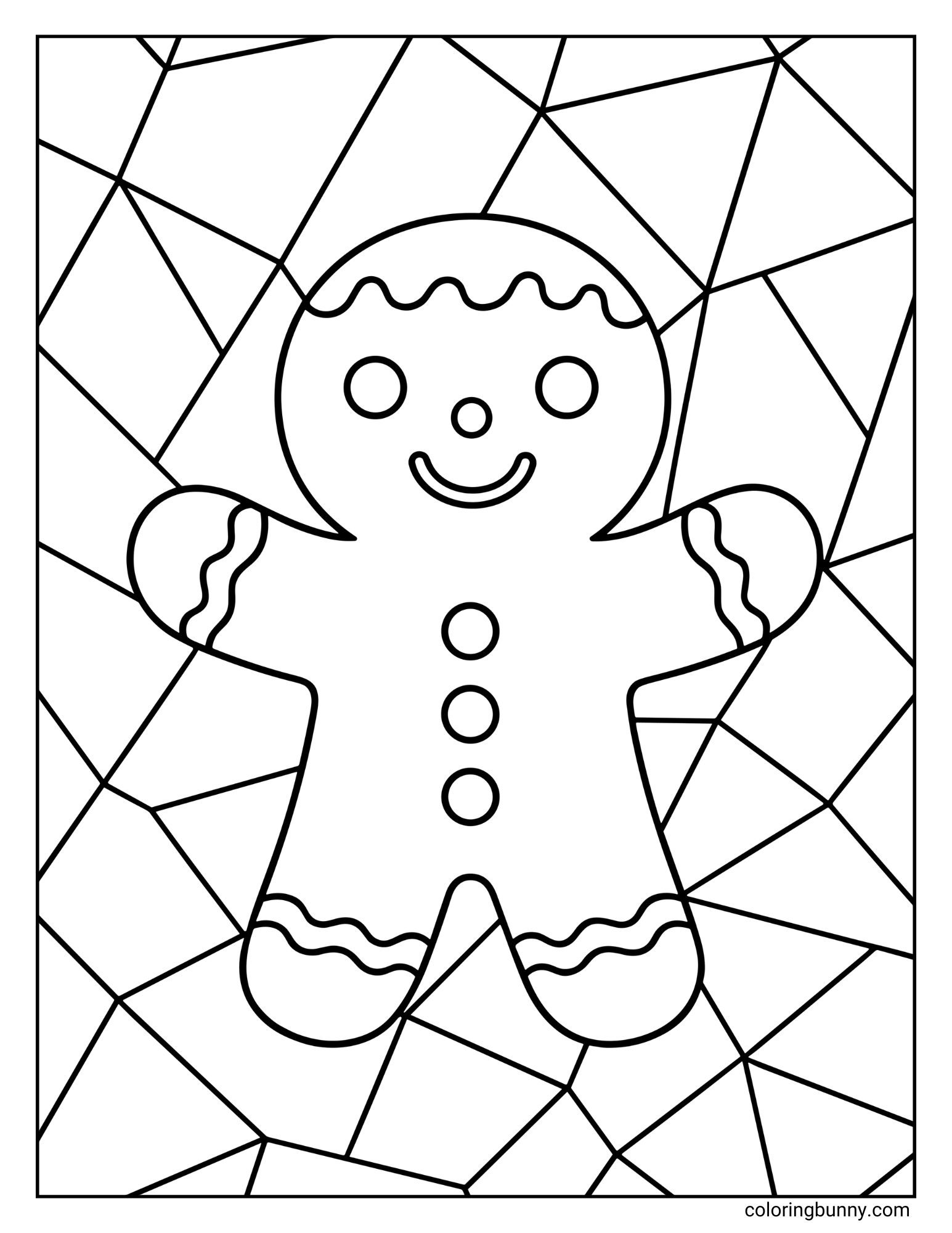 A black and white coloring page featuring a simple, smiling gingerbread man. The gingerbread man has three circle buttons and wavy frosting lines, set against a geometric background of intersecting lines.