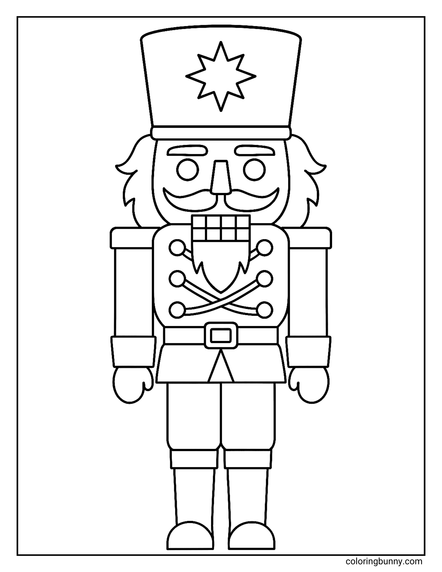 A Christmas coloring page featuring a classic Nutcracker soldier standing at attention. He is wearing a uniform with buttons and a tall hat decorated with a sharp star shape on the front.