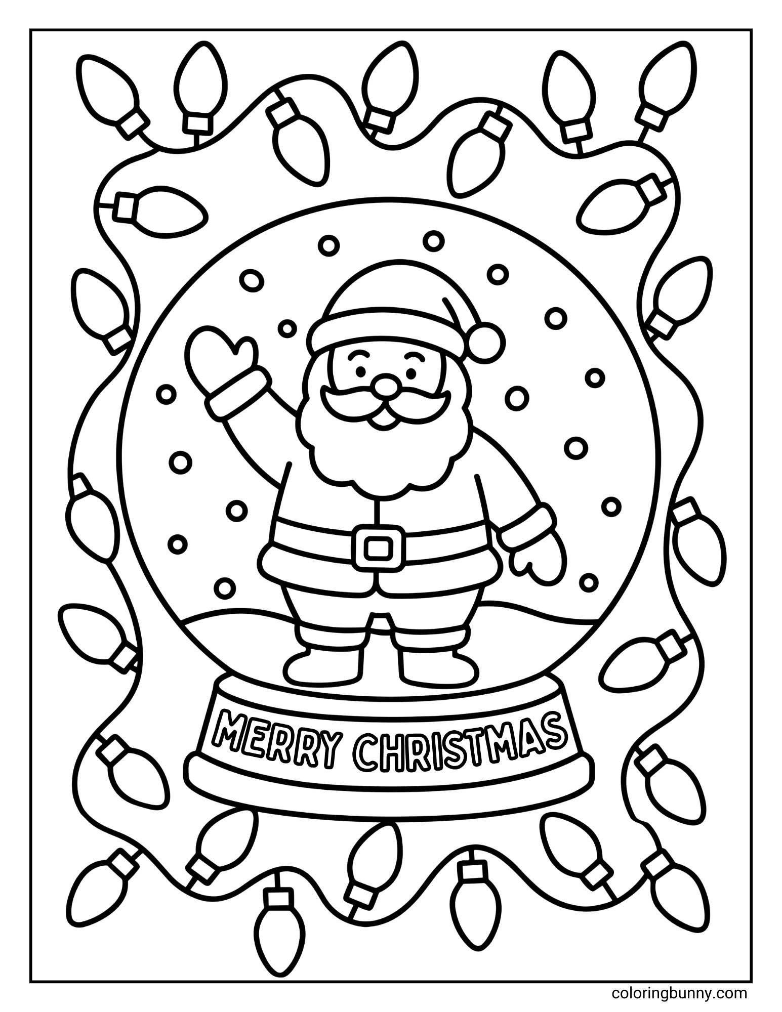 A Christmas coloring sheet featuring a snow globe containing a waving Santa Claus under falling snow. The base reads "MERRY CHRISTMAS," and the globe is framed by a border of large Christmas string lights.
