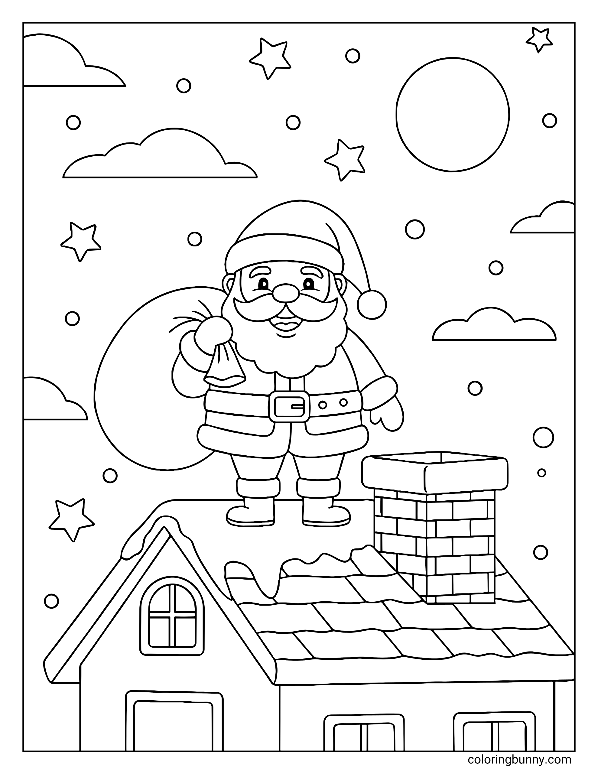 A festive coloring page featuring Santa Claus standing on a snowy rooftop holding a toy sack. The night sky behind him is filled with stars, clouds, and a full moon next to a brick chimney.