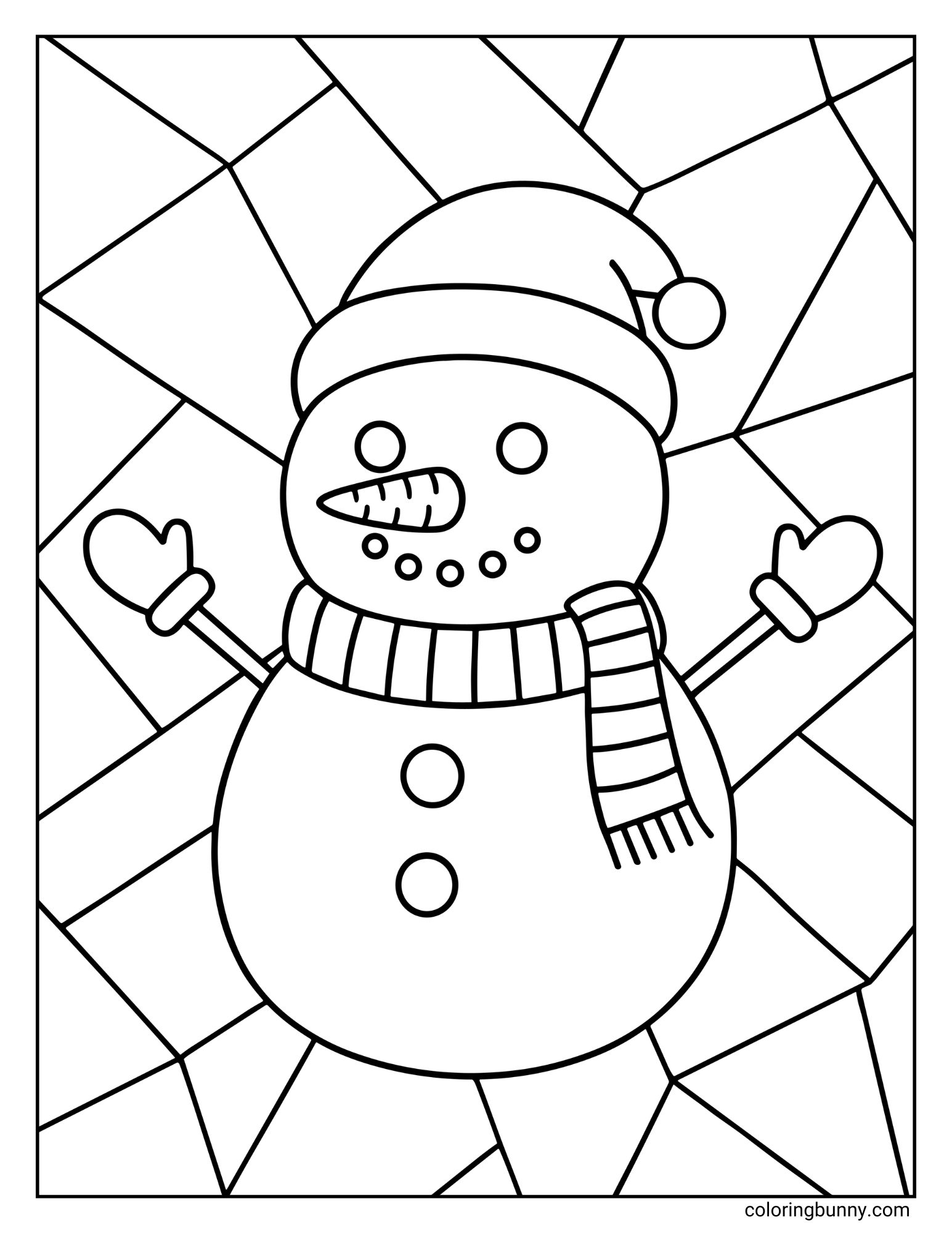 A black and white Christmas coloring page featuring a snowman. The snowman is wearing a Santa hat, a striped scarf, and mittens. The background is a geometric pattern of intersecting lines.