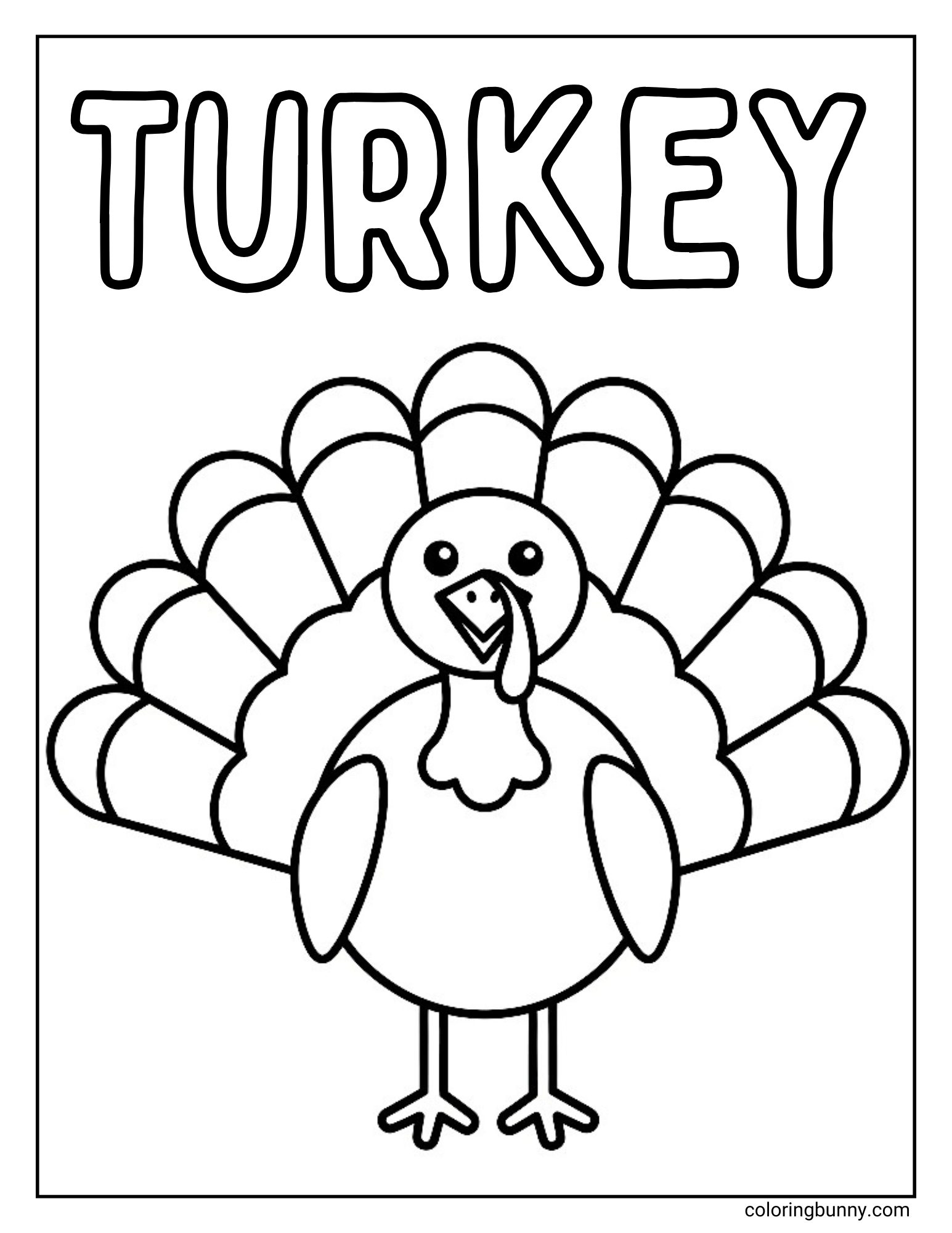 A turkey coloring page with the word "TURKEY" in large letters at the top. The image features a simple, cute turkey standing and facing forward with a large fanned tail.