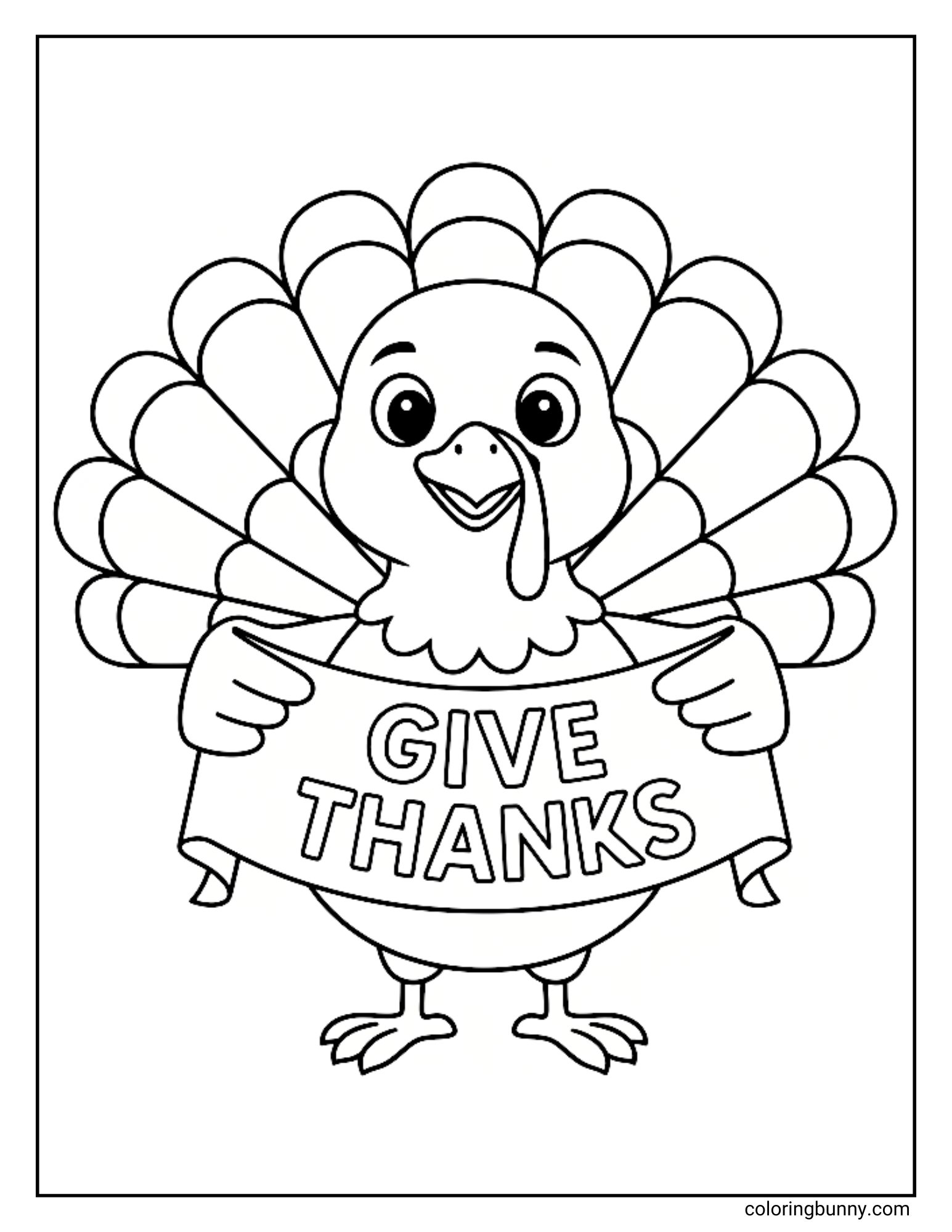 A black and white coloring page featuring a cute turkey. The turkey is standing with its tail fanned out, holding a banner that reads "GIVE THANKS".
