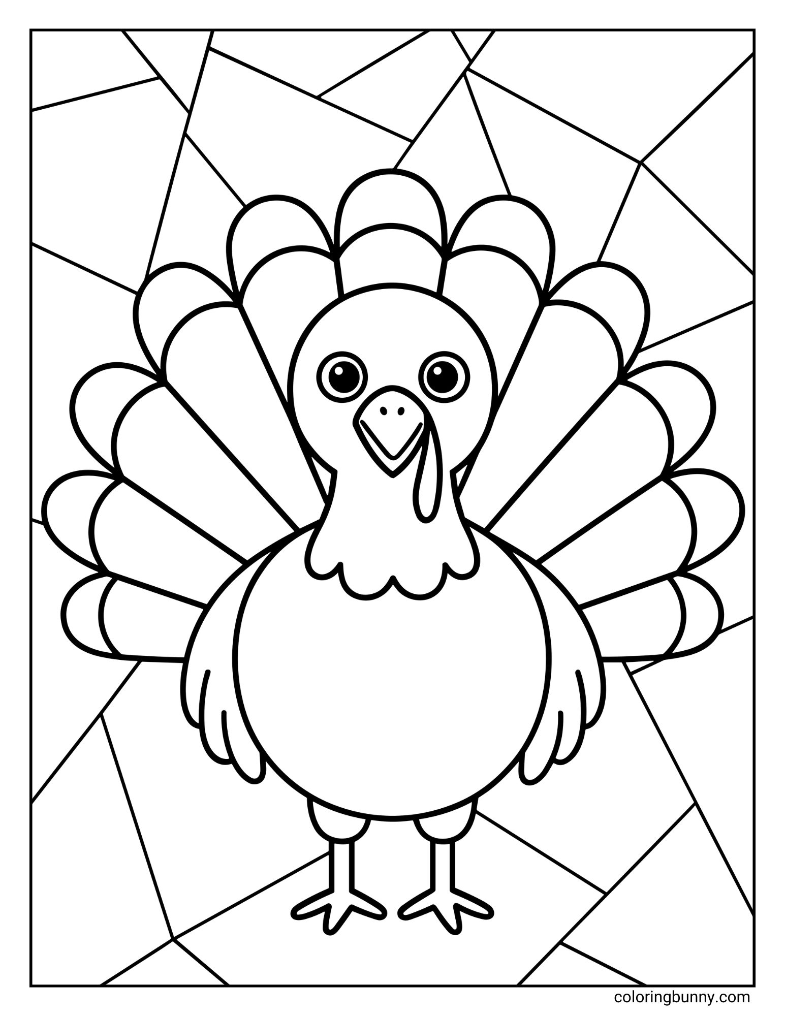 A black and white coloring page featuring a simple, cute turkey. The turkey is standing with its tail fanned out against a geometric background of intersecting lines, creating a mosaic effect.