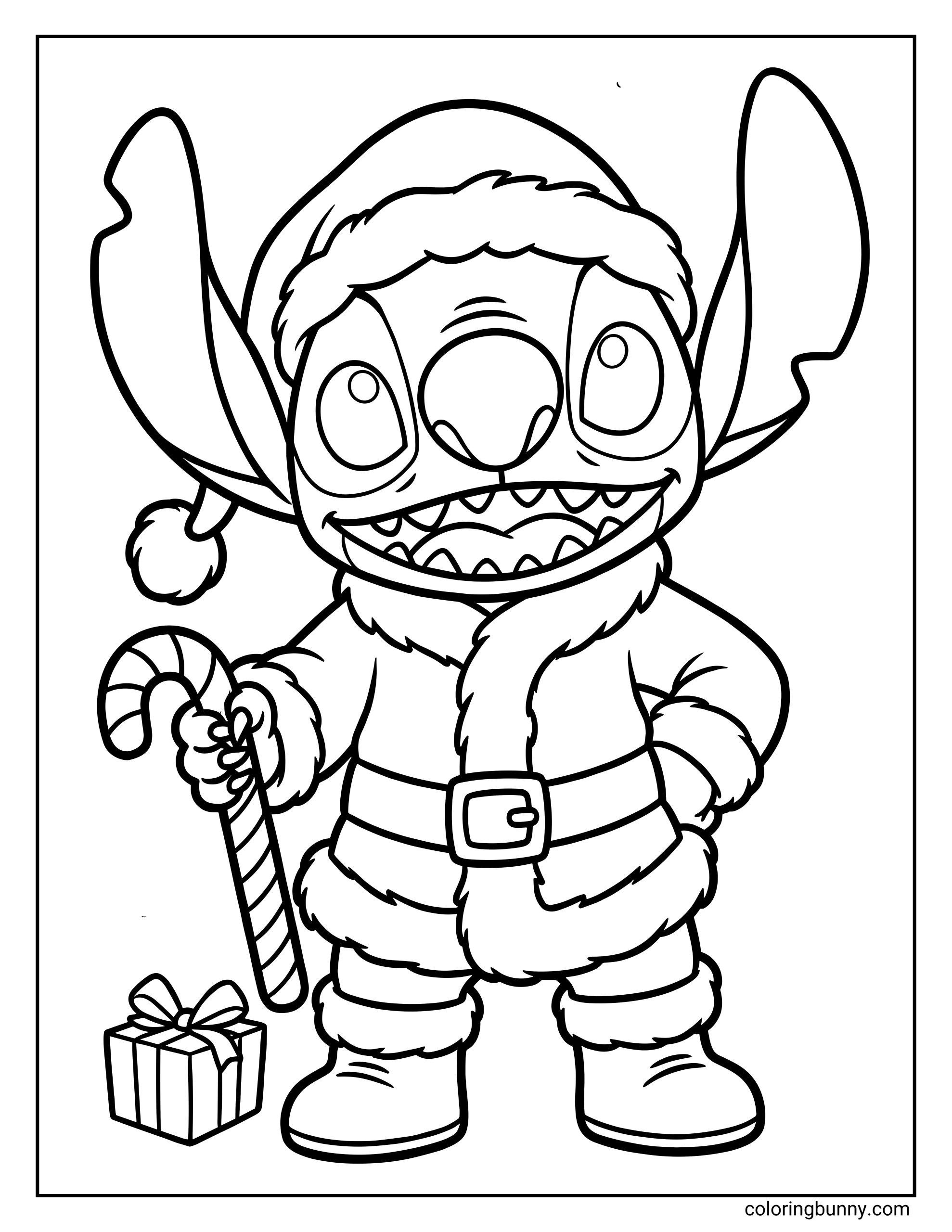 A Stitch Disney Christmas coloring page of a mischievous Stitch wearing a fluffy Santa Claus outfit and holding a candy cane. He stands confidently with one hand on his hip, with a small wrapped present at his feet.