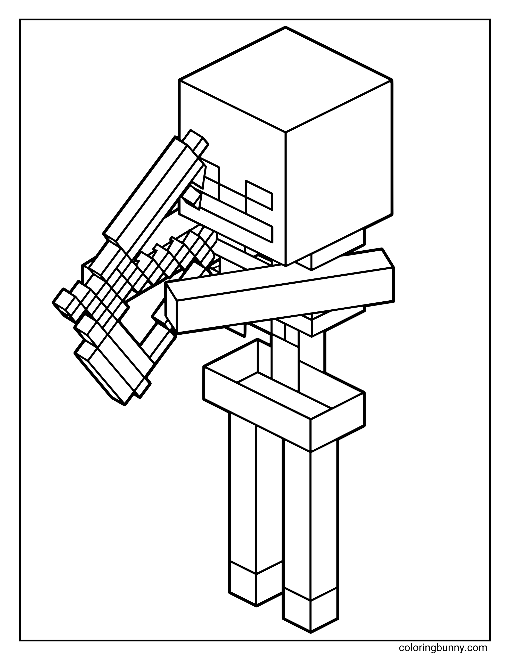 A Minecraft skeleton coloring page featuring a blocky skeleton holding a bow, drawn in the game’s signature pixelated style.