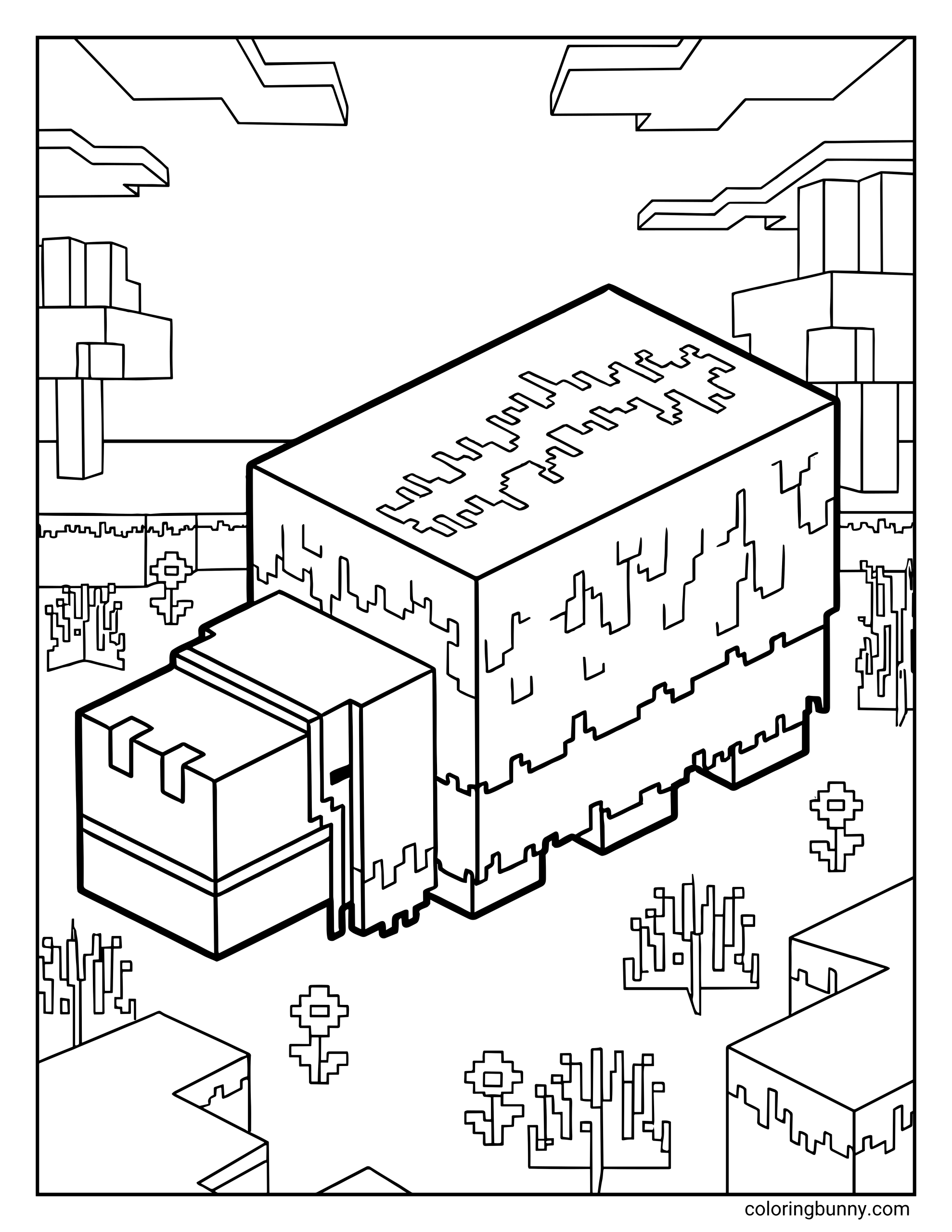 A Minecraft Sniffer mob coloring page featuring the ancient creature walking through a blocky landscape with grass, flowers, and pixelated terrain.