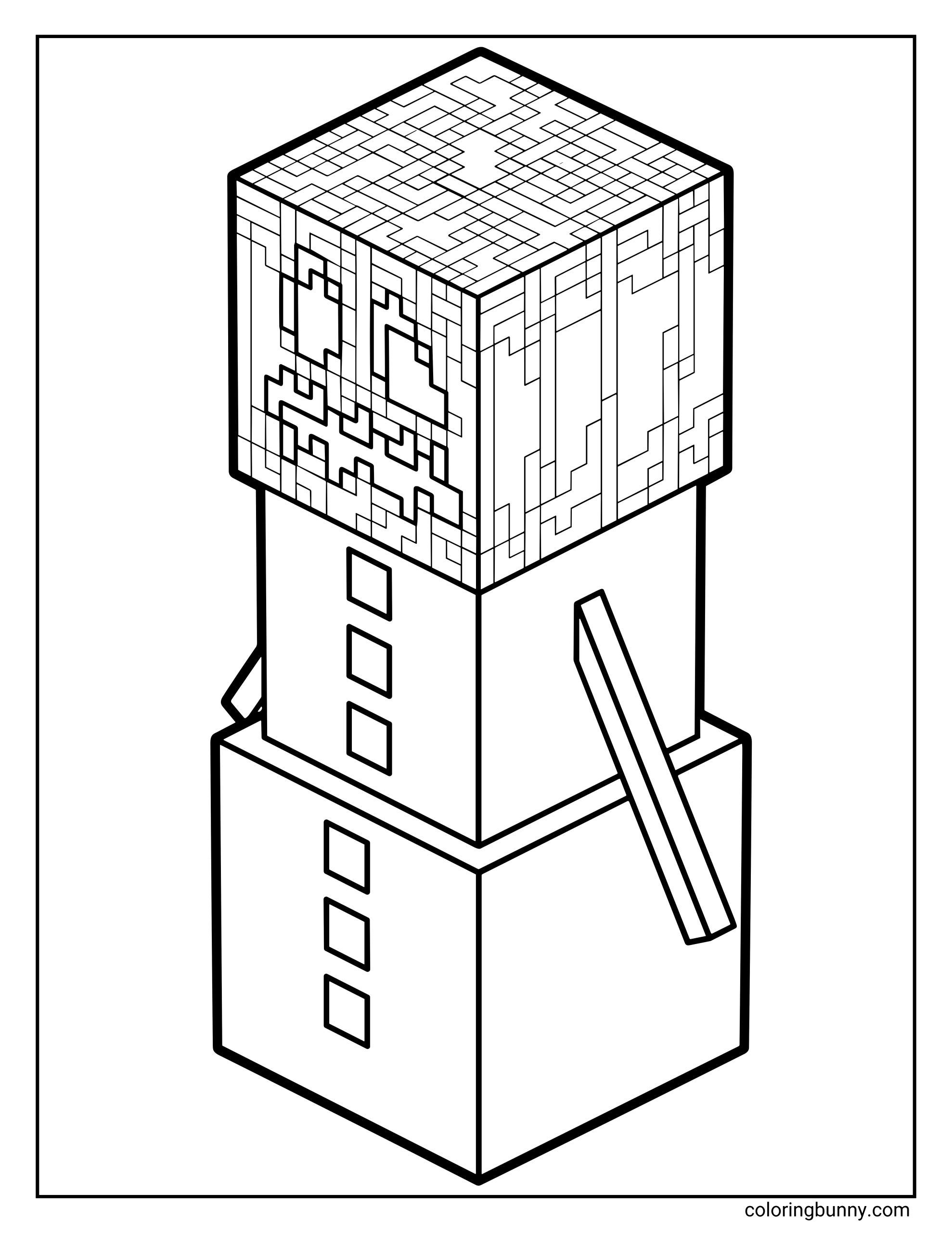 A Minecraft coloring page featuring a Snow Golem with a pumpkin head, buttoned snow body, and stick arms, drawn in the classic blocky Minecraft style.