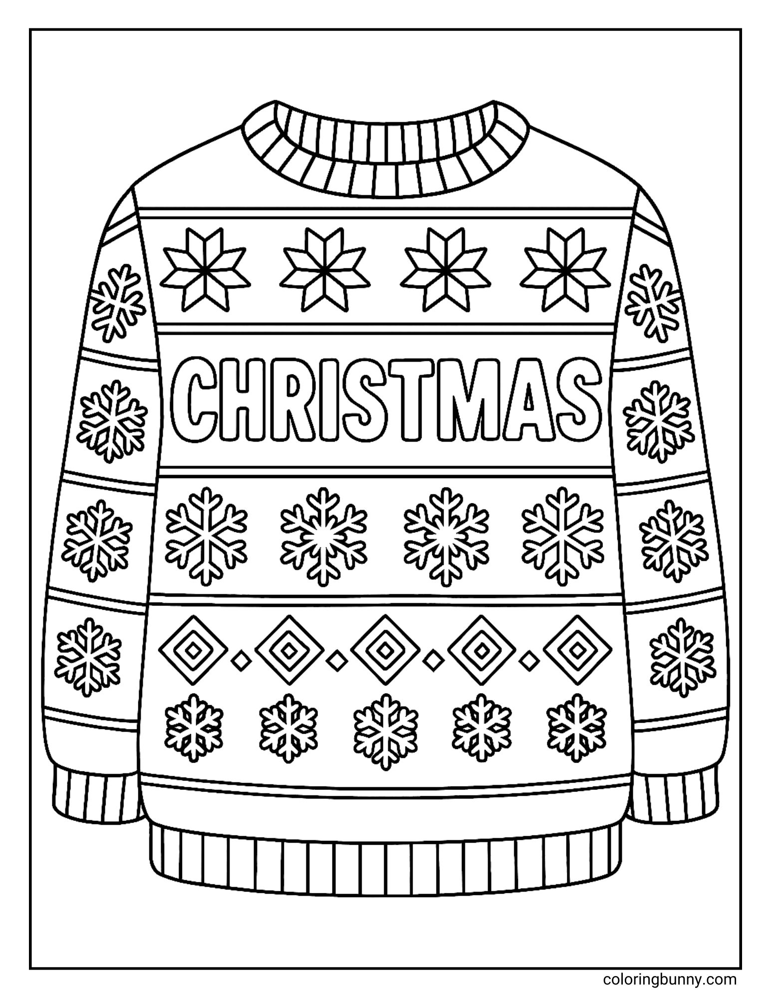A black and white ugly Christmas sweater coloring page featuring a detailed winter sweater design. The word "CHRISTMAS" is written across the center, surrounded by rows of different snowflakes and diamond shapes on the body and sleeves.