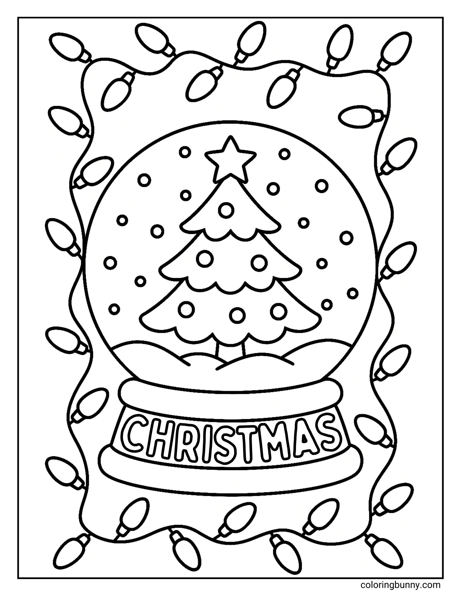 A coloring sheet featuring a snow globe containing a decorated Christmas tree topped with a star. The word "CHRISTMAS" appears on the base, and the globe is framed by a border of large string lights.