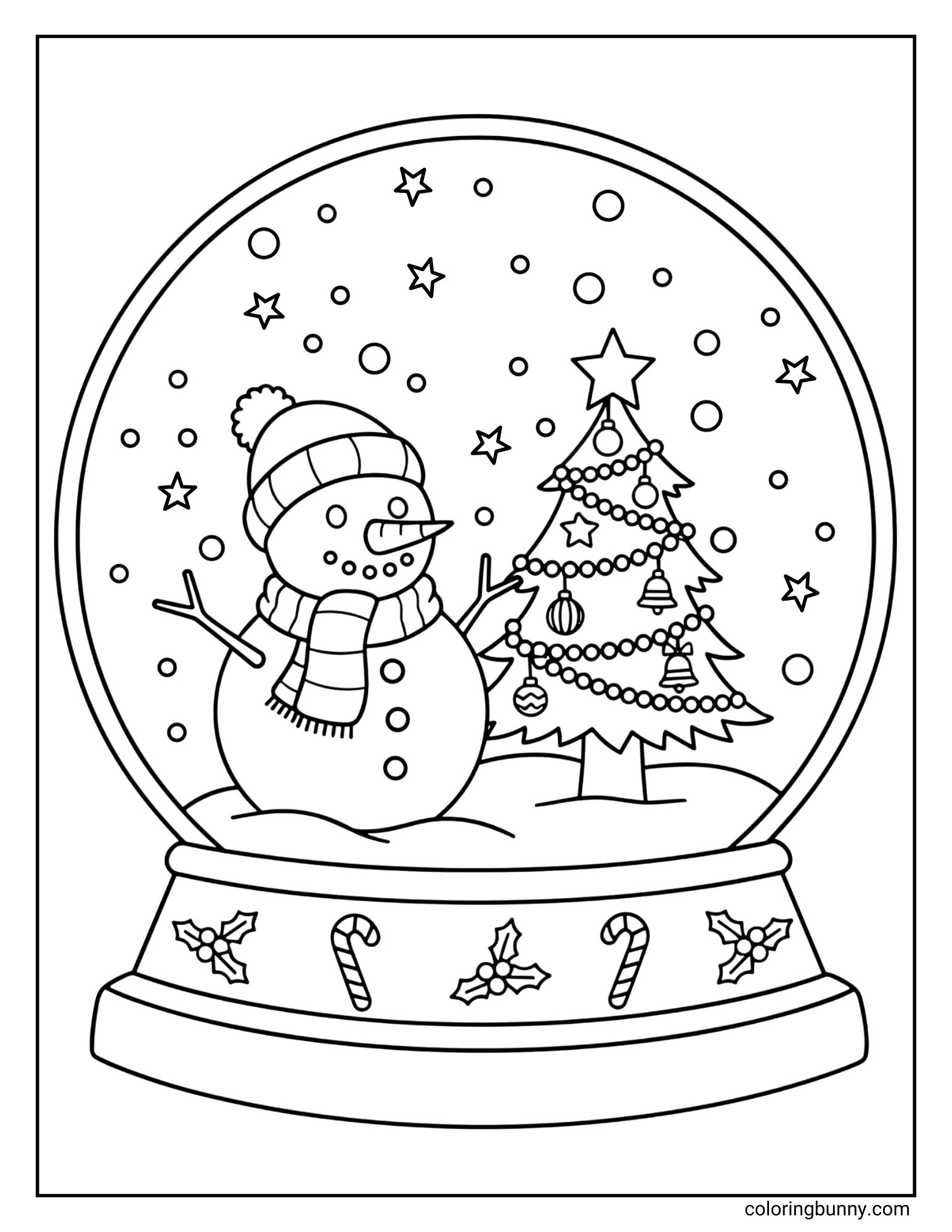 A Christmas coloring sheet featuring a large snow globe. Inside, a snowman with a hat and scarf stands next to a decorated Christmas tree with a star on top. The base is patterned with holly and candy canes.