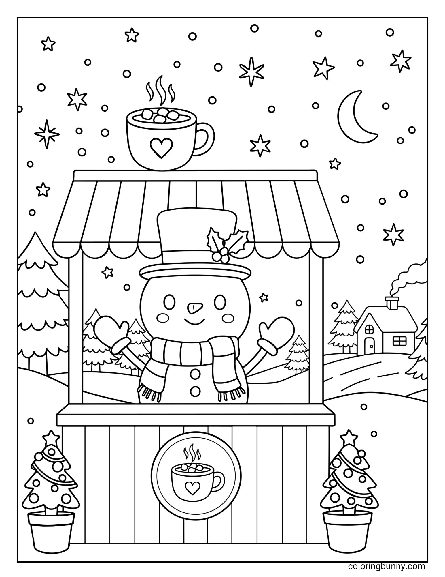 Coloring page of a snowman wearing a top hat and scarf, stands in a booth selling hot cocoa. The scene is set in a snowy, nighttime landscape with a cabin, pine trees, and a crescent moon.