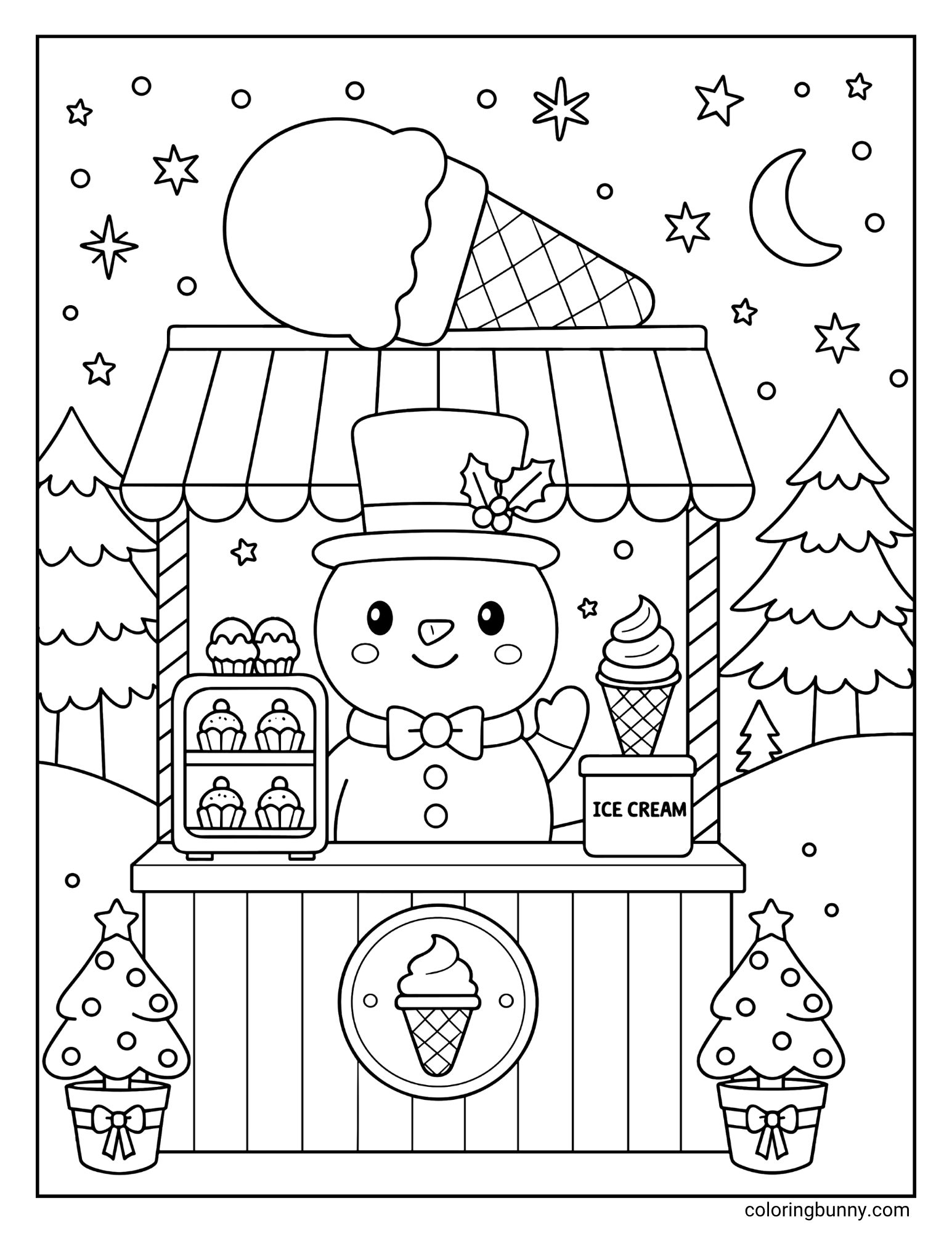 A black and white Christmas coloring page featuring a snowman in a top hat and bow tie, running an ice cream stand. The stand is decorated with a large ice cream cone on top and is set in a snowy, nighttime forest scene.