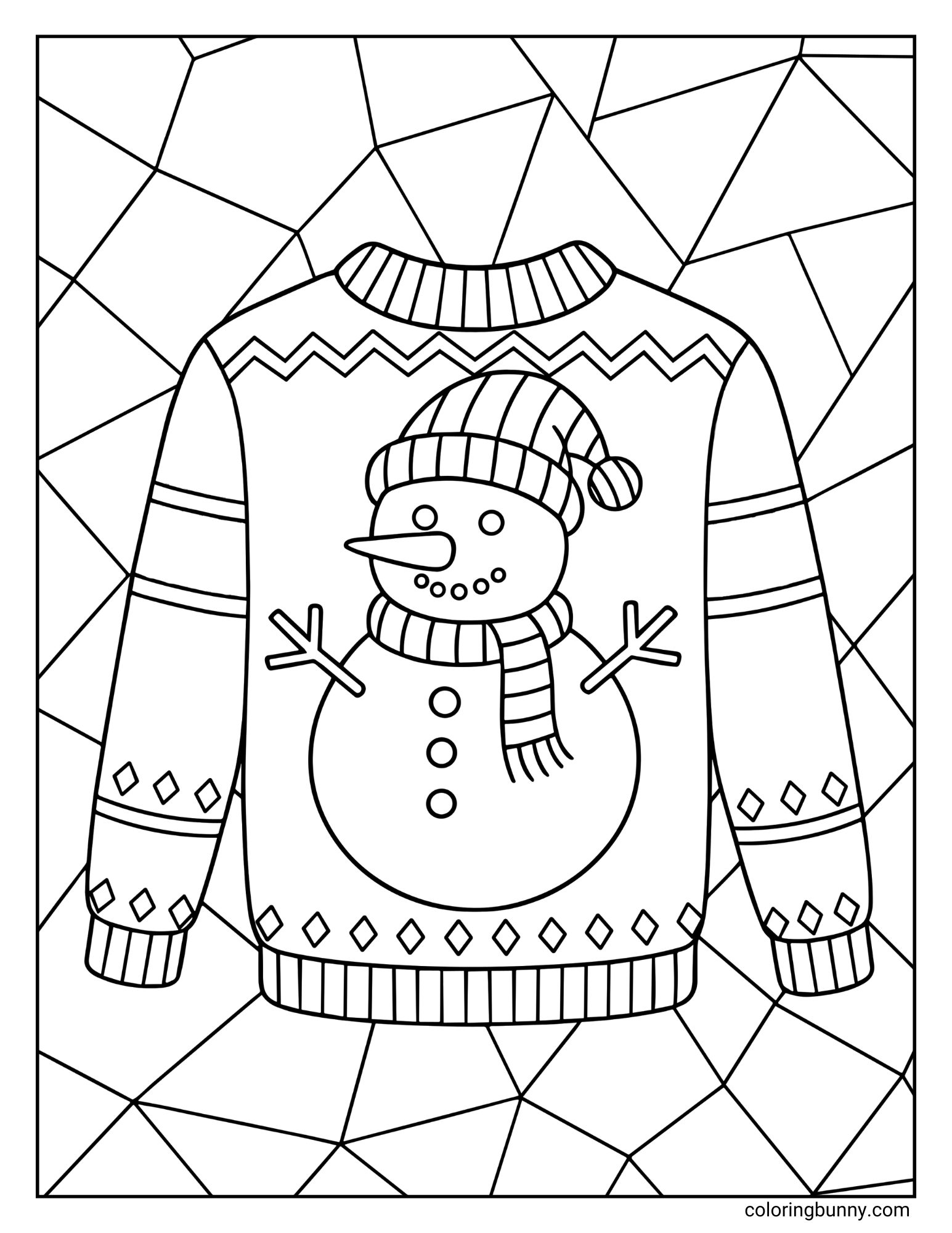 A snowman ugly Christmas jumper coloring page featuring a holiday jumper with a large snowman in the center wearing a striped hat and scarf. The sweater has diamond patterns on the sleeves and is set against a geometric mosaic background.
