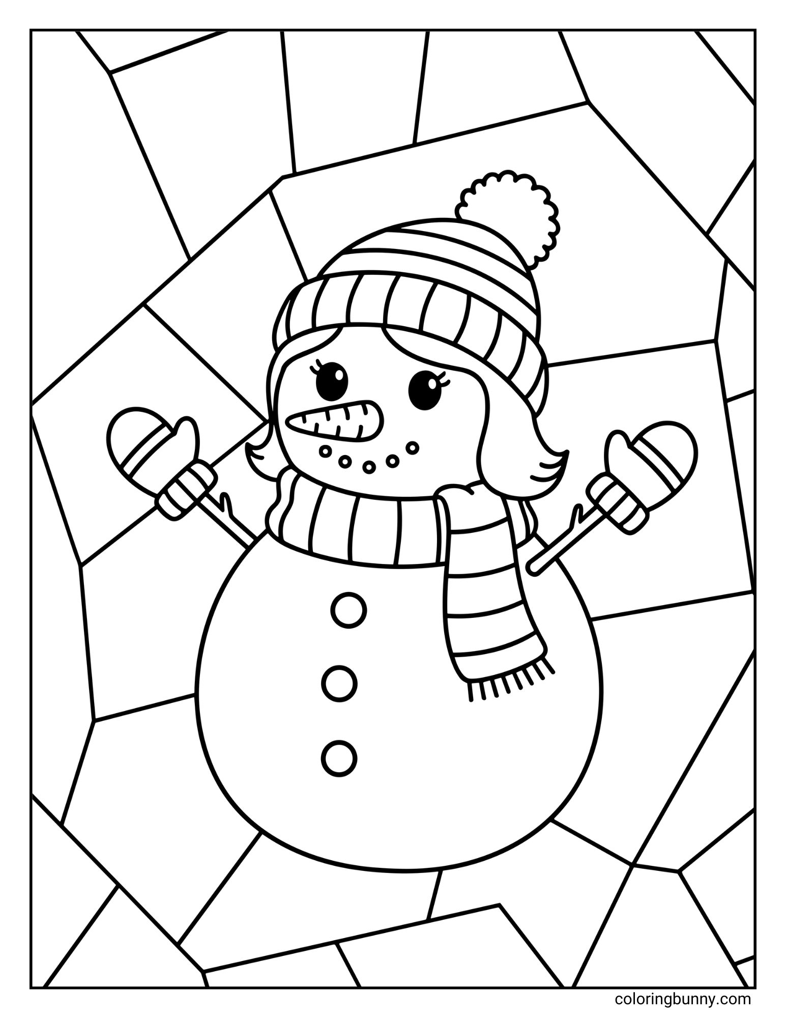 A black and white coloring page featuring a snowwoman. She has hair, a carrot nose, and is wearing a knit hat, a striped scarf, and mittens. The background is a geometric pattern of intersecting lines.