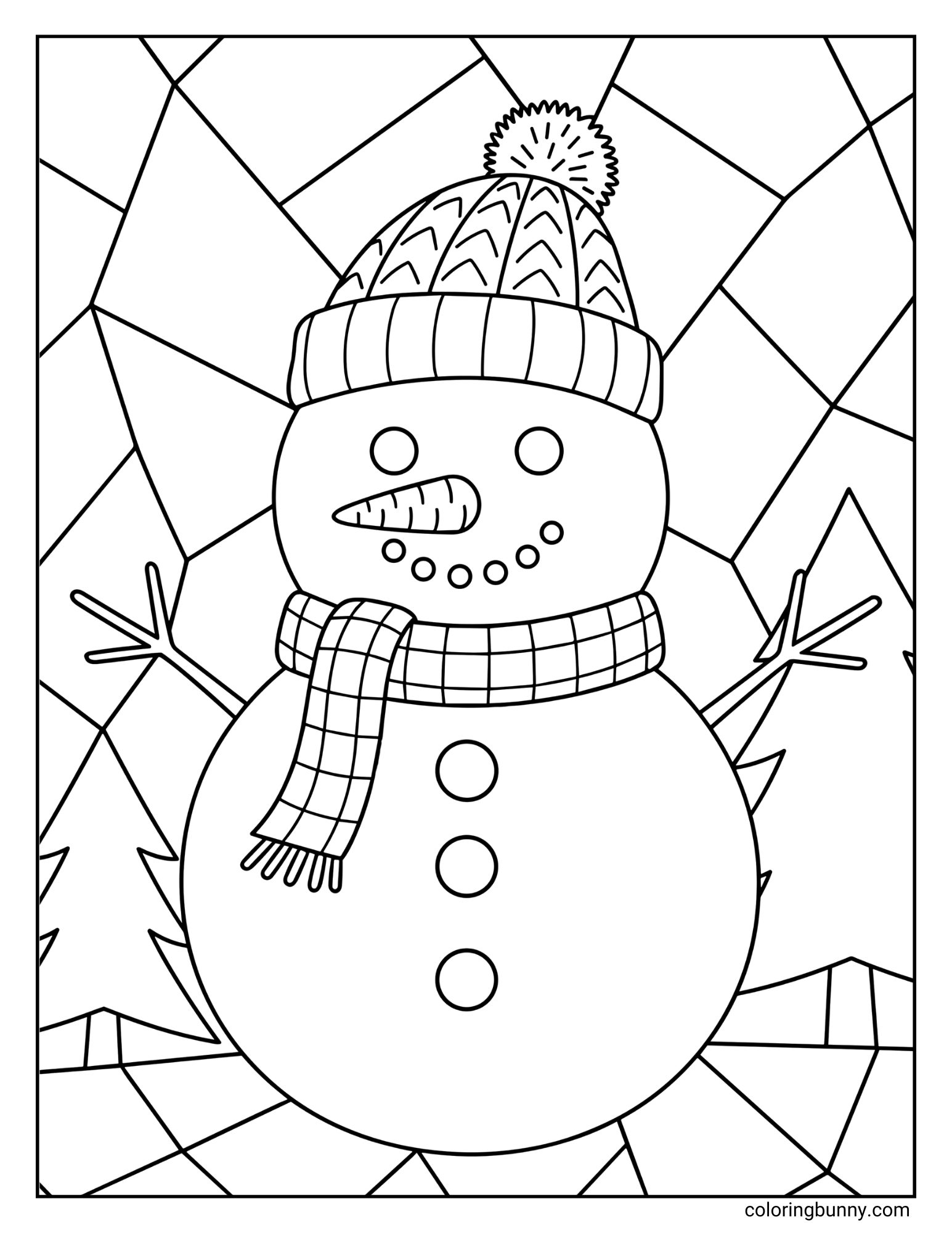 A black and white coloring page featuring a snowman. The snowman is wearing a knit hat with a pom-pom and a plaid scarf. The background is a geometric pattern resembling mountains and a sky, with two pine trees visible behind the snowman.
