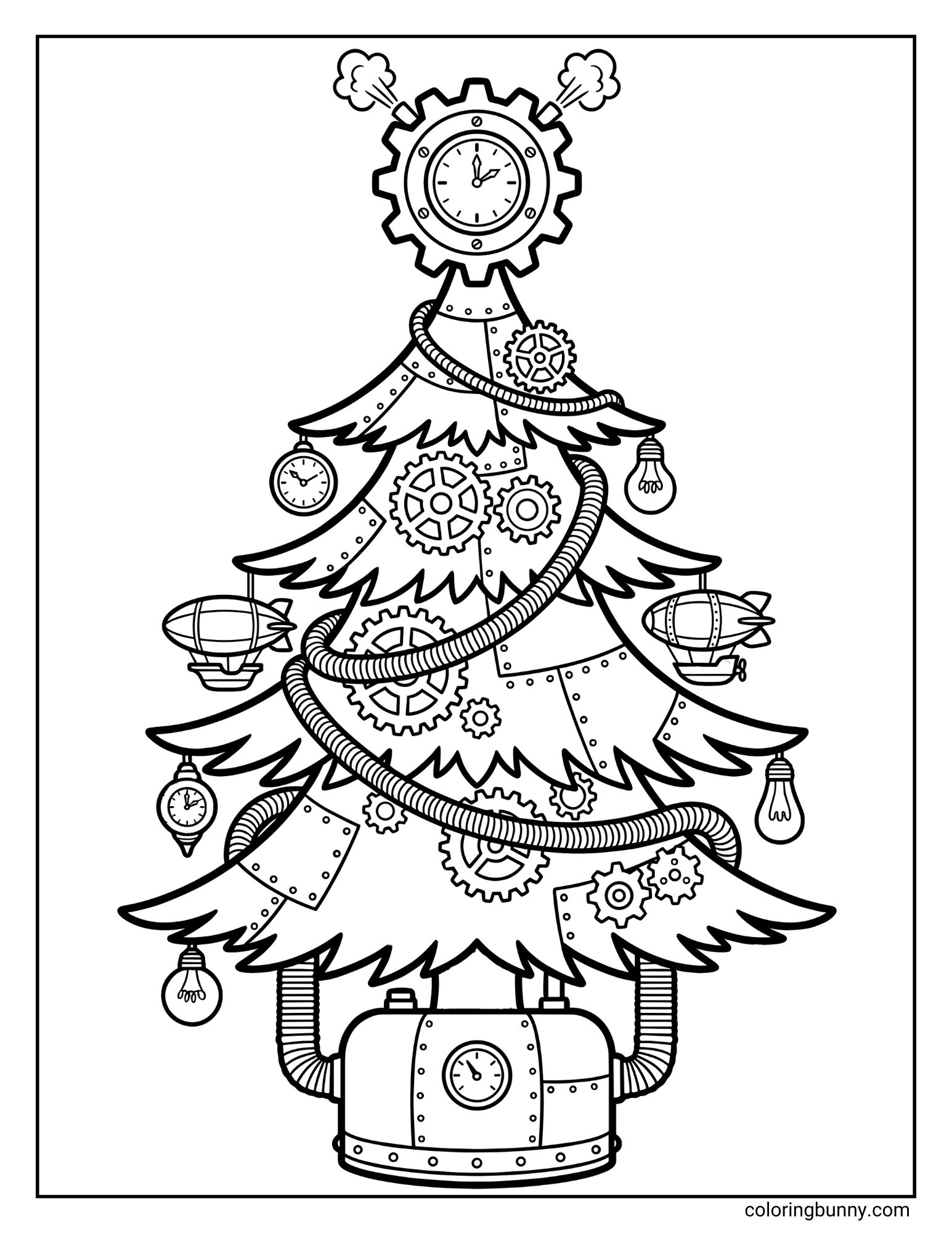 A detailed coloring page featuring a Steampunk-style Christmas tree. The tree is decorated with gears, cogs, hanging light bulbs, and miniature airships. It is topped with a steaming gear clock and rests on a mechanical boiler base with pipes.