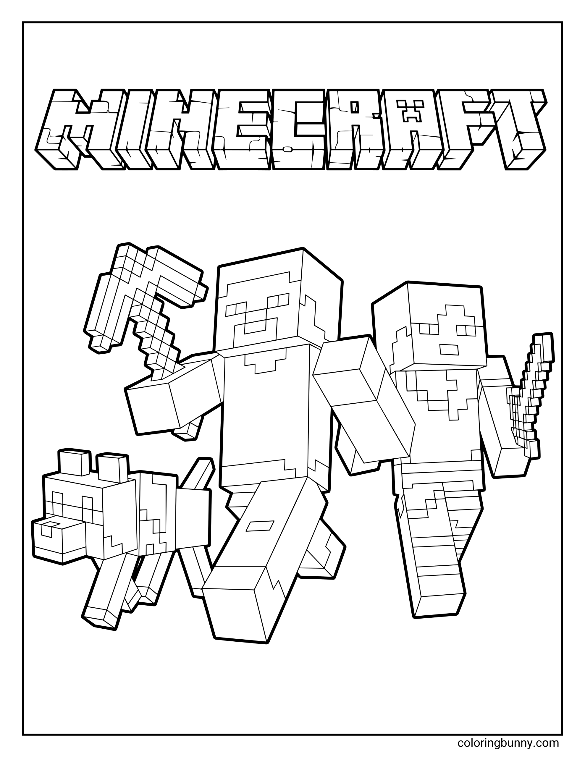 A Minecraft coloring page featuring Steve, Alex, and a loyal Minecraft dog running together, under the classic Minecraft logo.