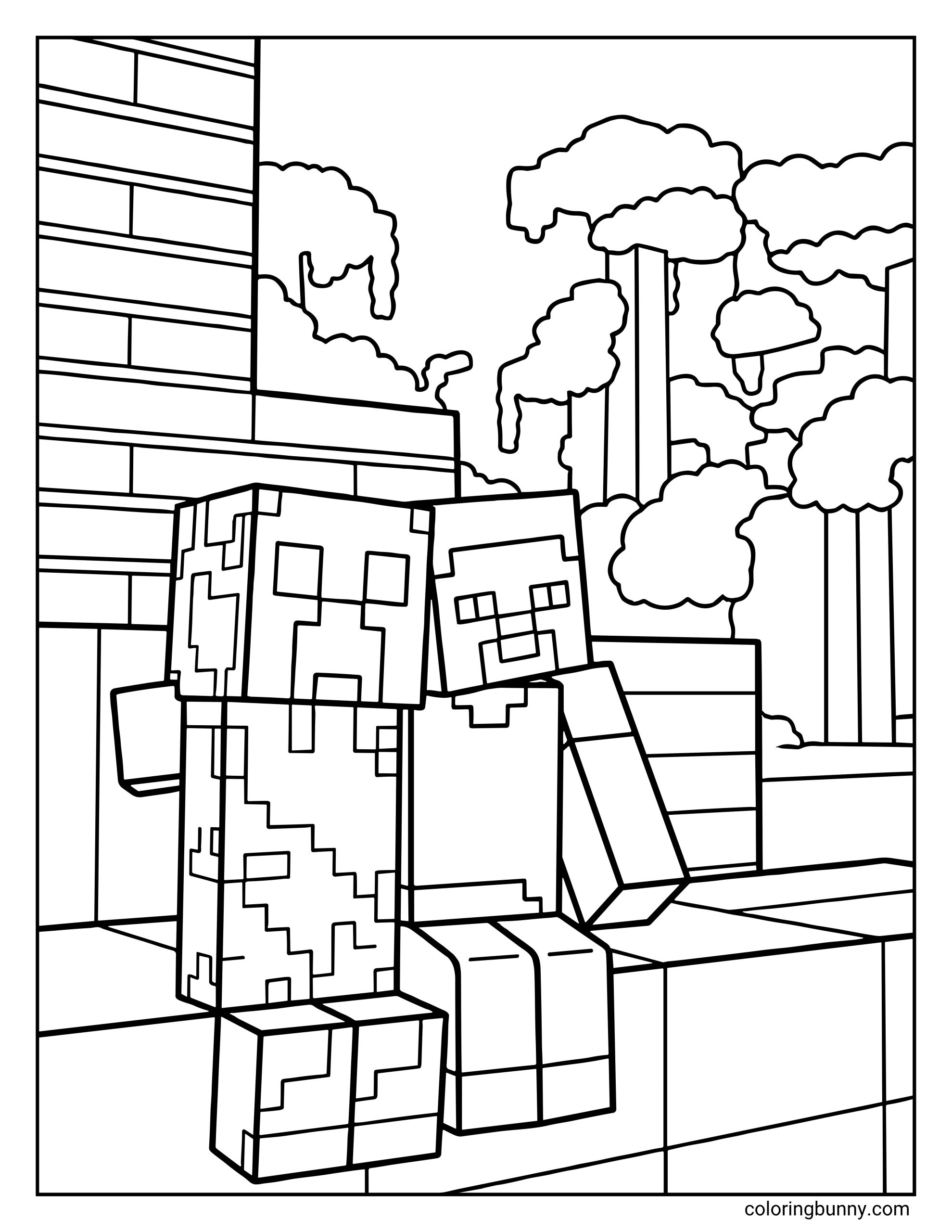 A Minecraft coloring page showing Steve sitting on a blocky ledge and hugging a Creeper, with a background of pixelated trees and a building.