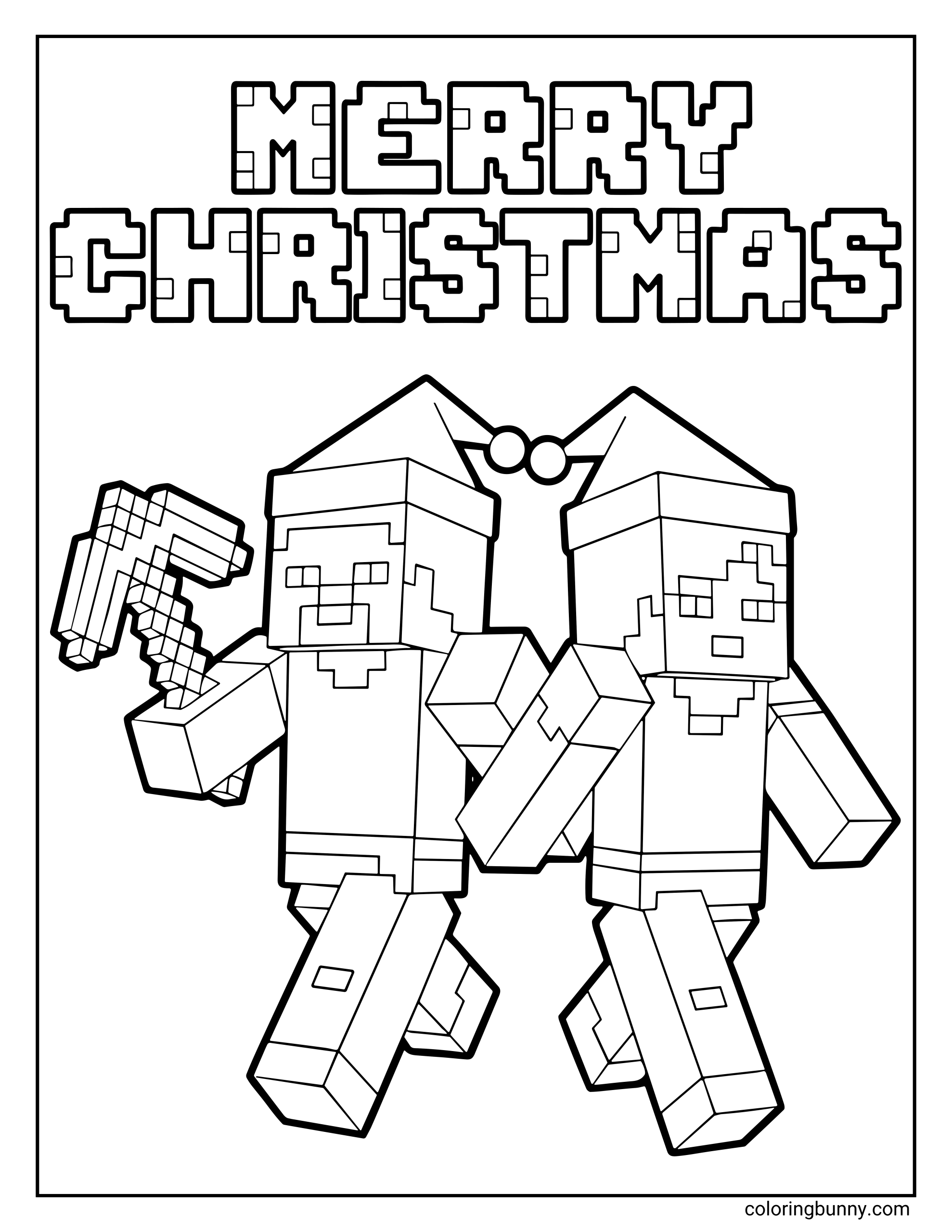 A Minecraft Christmas coloring page featuring Steve and Alex wearing Santa hats and walking together under a festive “Merry Christmas” sign in blocky text. Steve holds a pixelated pickaxe, ready for adventure.