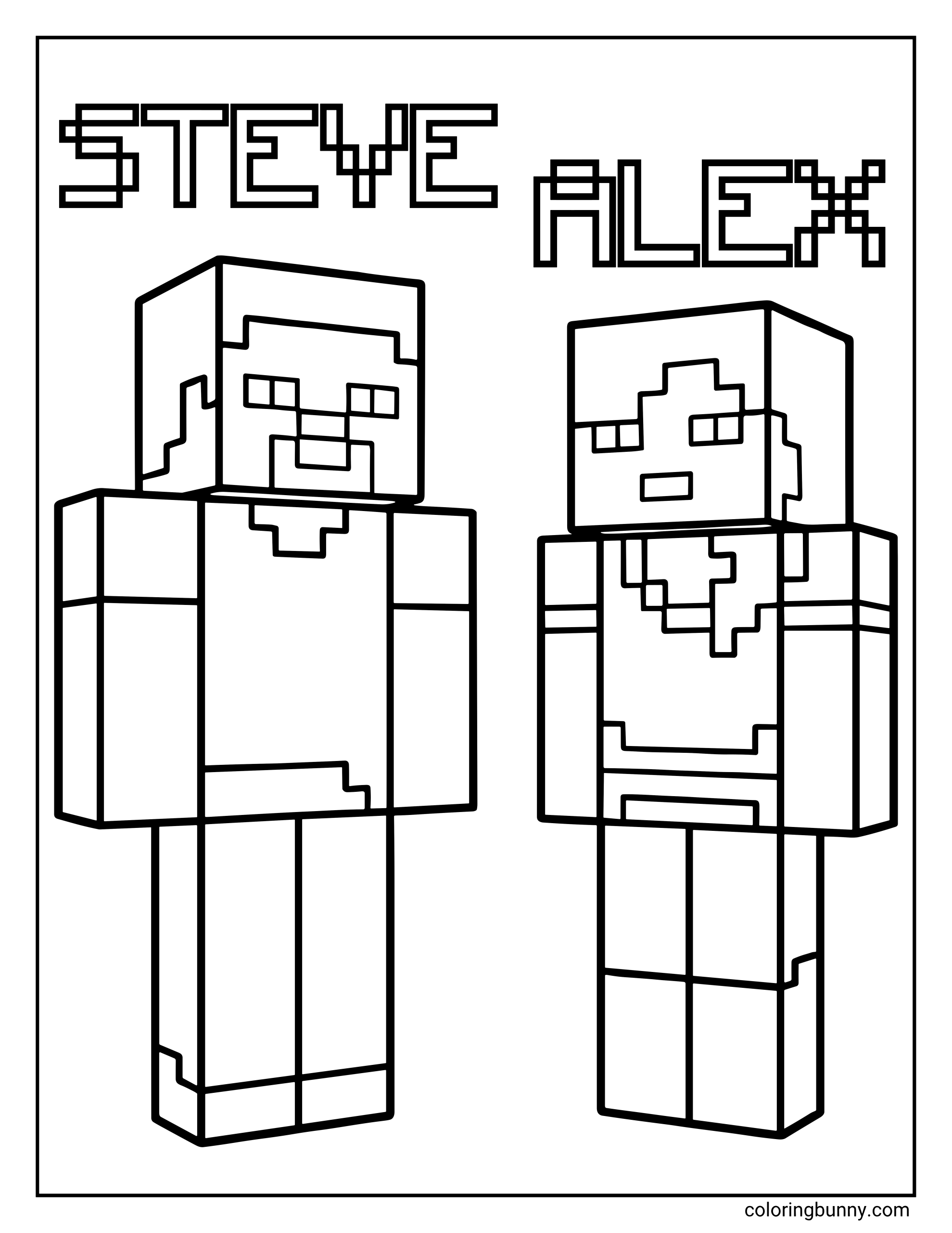 A simple Minecraft coloring page featuring the two iconic main characters, Steve and Alex, standing side-by-side with their names written above them in a pixelated font.