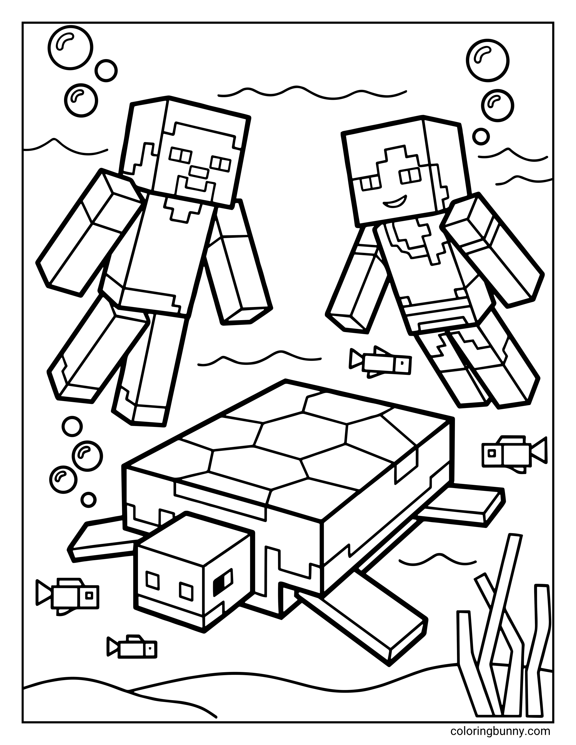 Minecraft coloring page showing Steve and Alex swimming underwater alongside a large sea turtle, surrounded by small fish, bubbles, and seagrass in the game's signature blocky style.