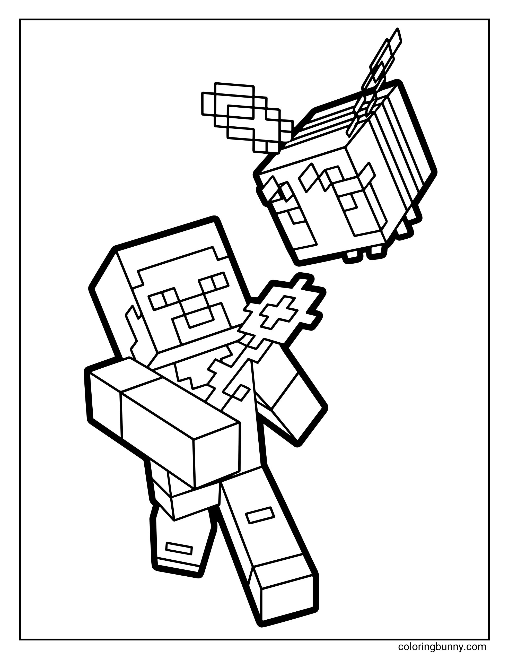 A Minecraft coloring page of Steve holding a flower while a friendly bee buzzes nearby. Both characters are drawn in the signature blocky Minecraft style.