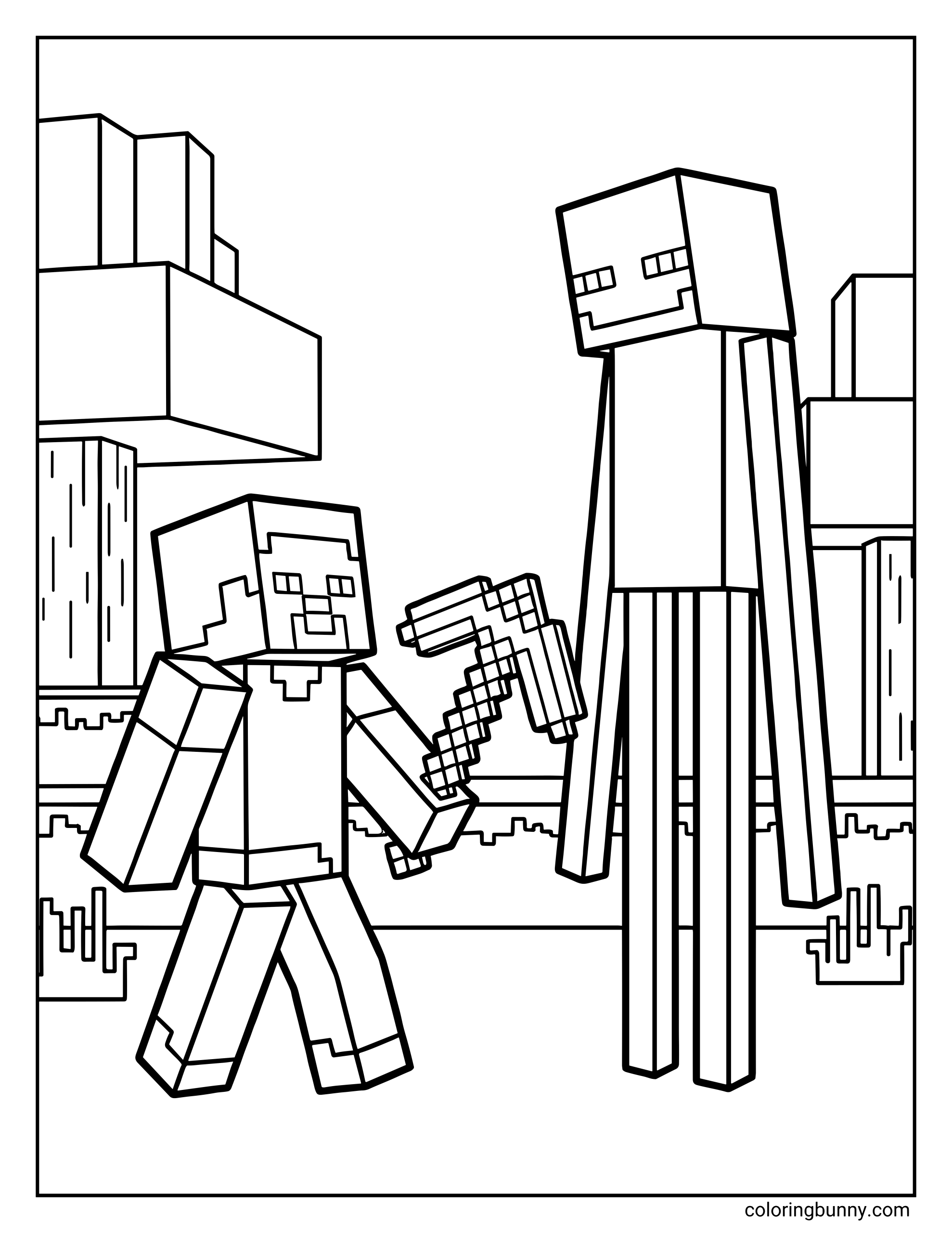 A Minecraft Steve and Enderman coloring page featuring Steve holding a pickaxe while facing a tall Enderman in a blocky landscape.