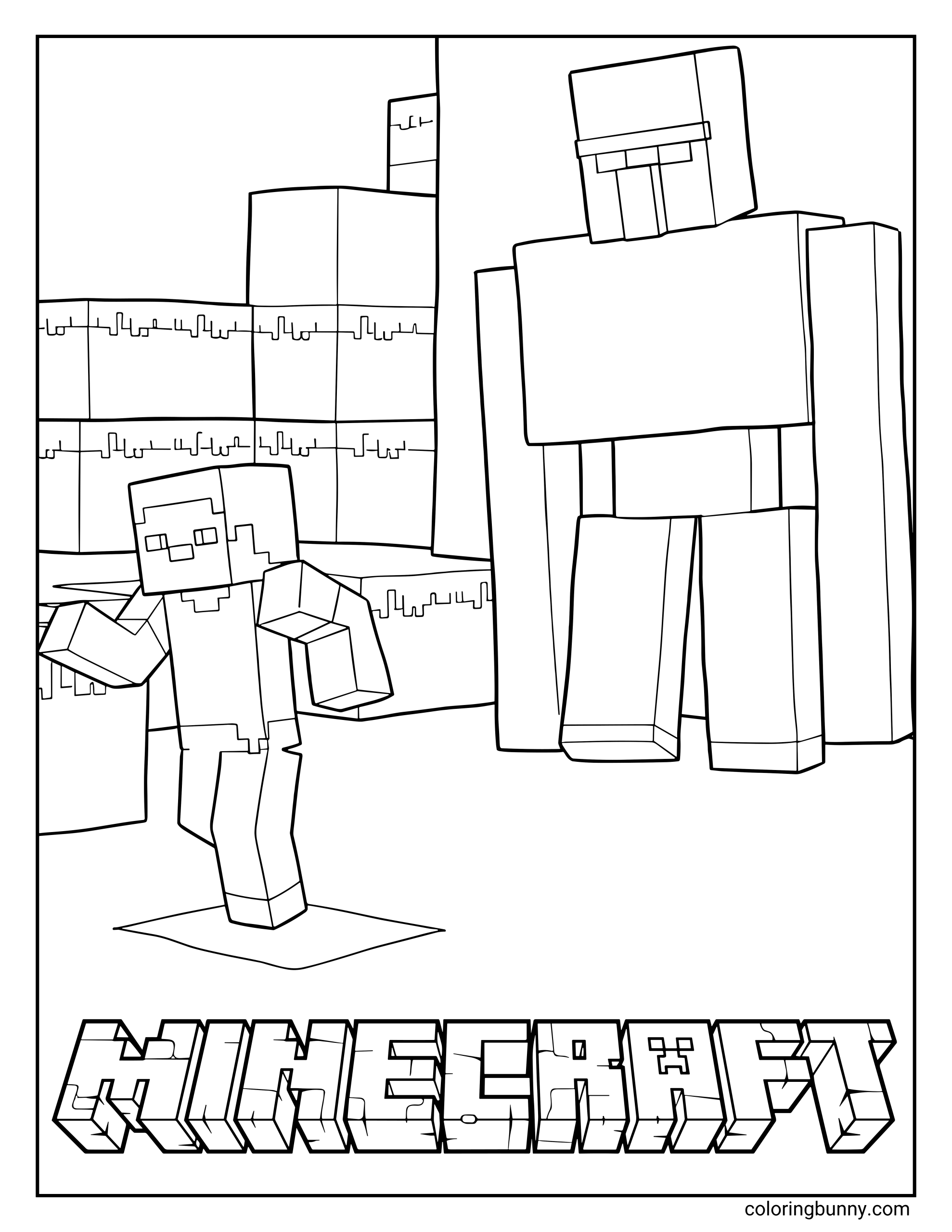A Minecraft coloring page featuring Steve and an Iron Golem standing together in a blocky landscape, with the Minecraft logo at the bottom.