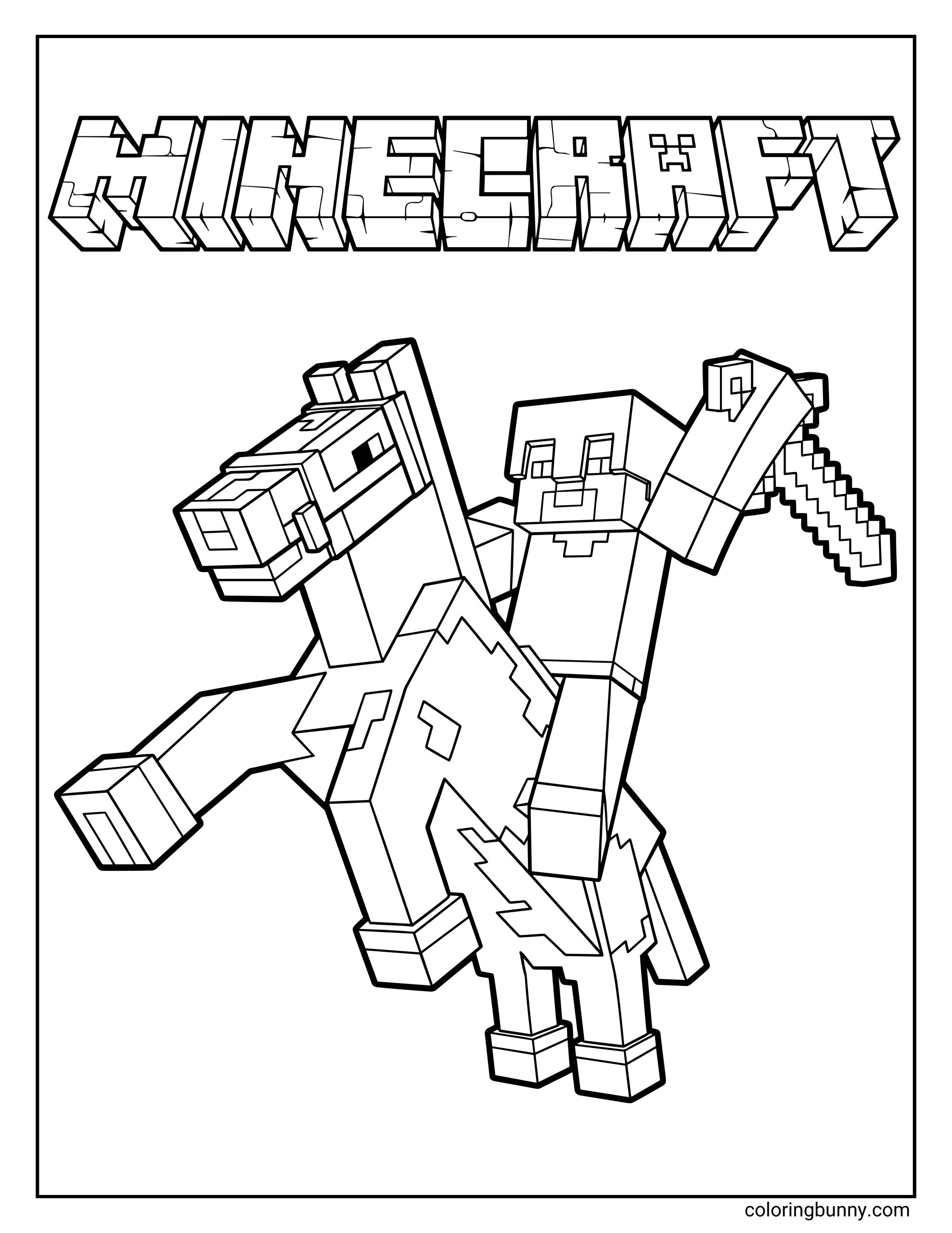 A Minecraft coloring page featuring Steve riding a horse while holding a sword, with the blocky Minecraft logo above the action scene.