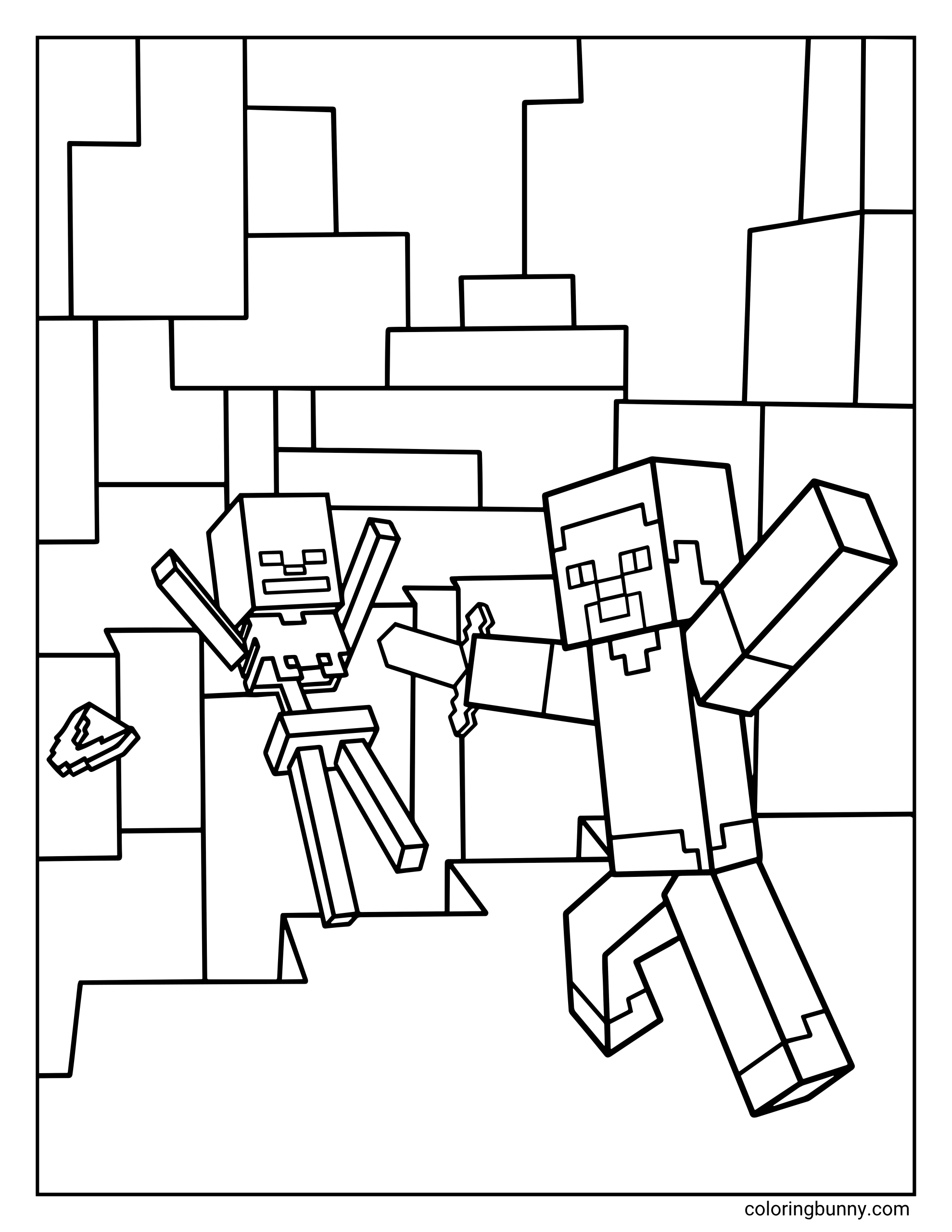A Minecraft coloring page featuring a high-energy battle where Steve, wielding a sword, leaps toward a startled skeleton in a blocky, mountainous environment.
