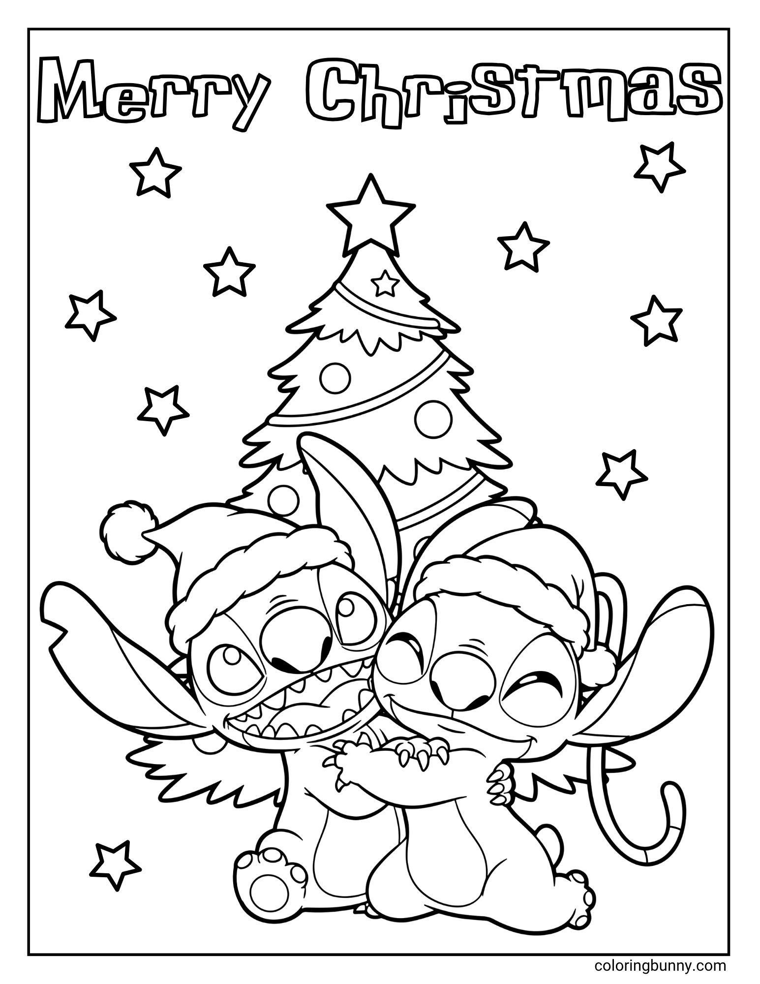 A black and white "Merry Christmas" coloring page. The characters Stitch and Angel are wearing Santa hats and hugging in front of a decorated Christmas tree. The background is filled with stars.
