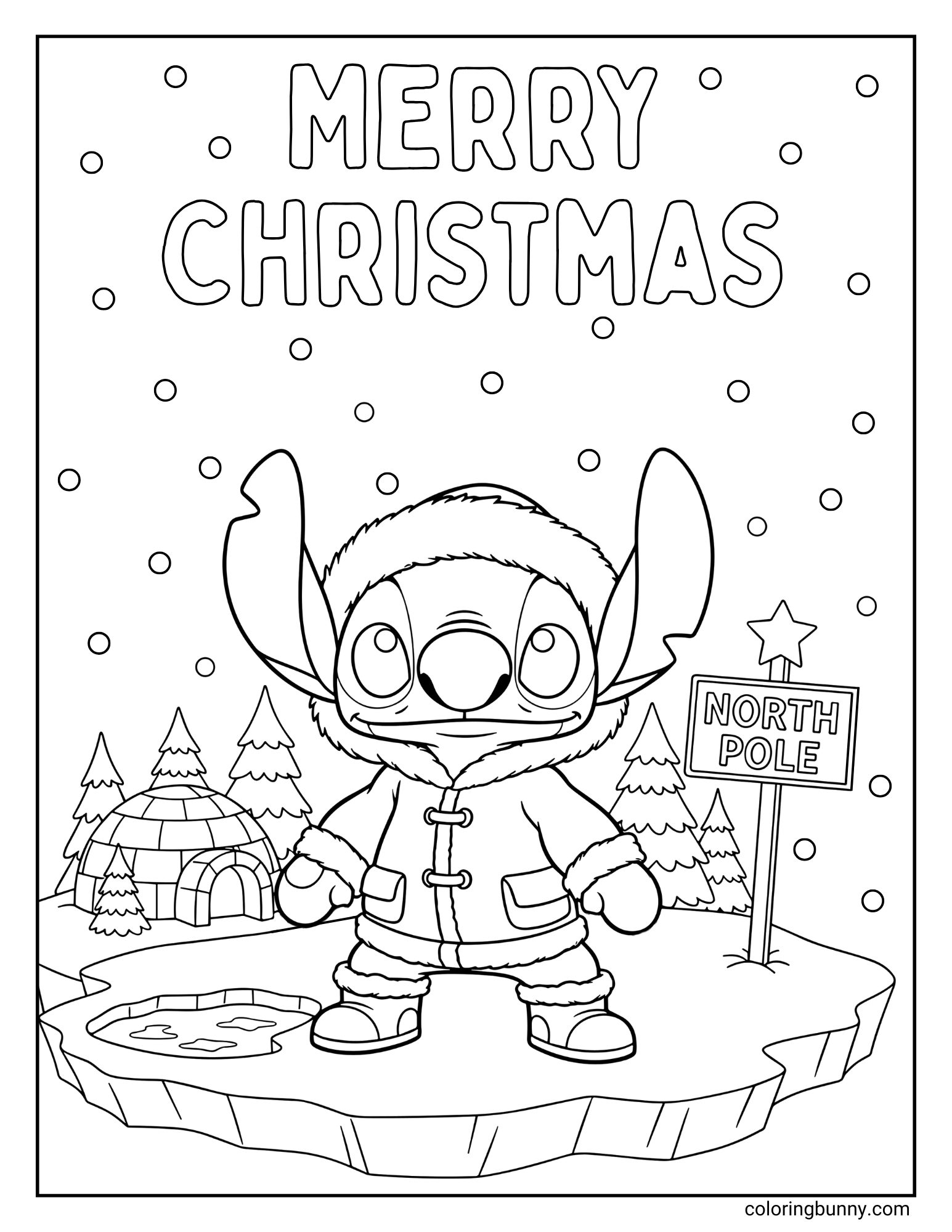 A black and white coloring page featuring the character Stitch standing on an ice floe, wearing a winter coat. In the background are an igloo, pine trees, and a "NORTH POLE" sign. It is snowing.