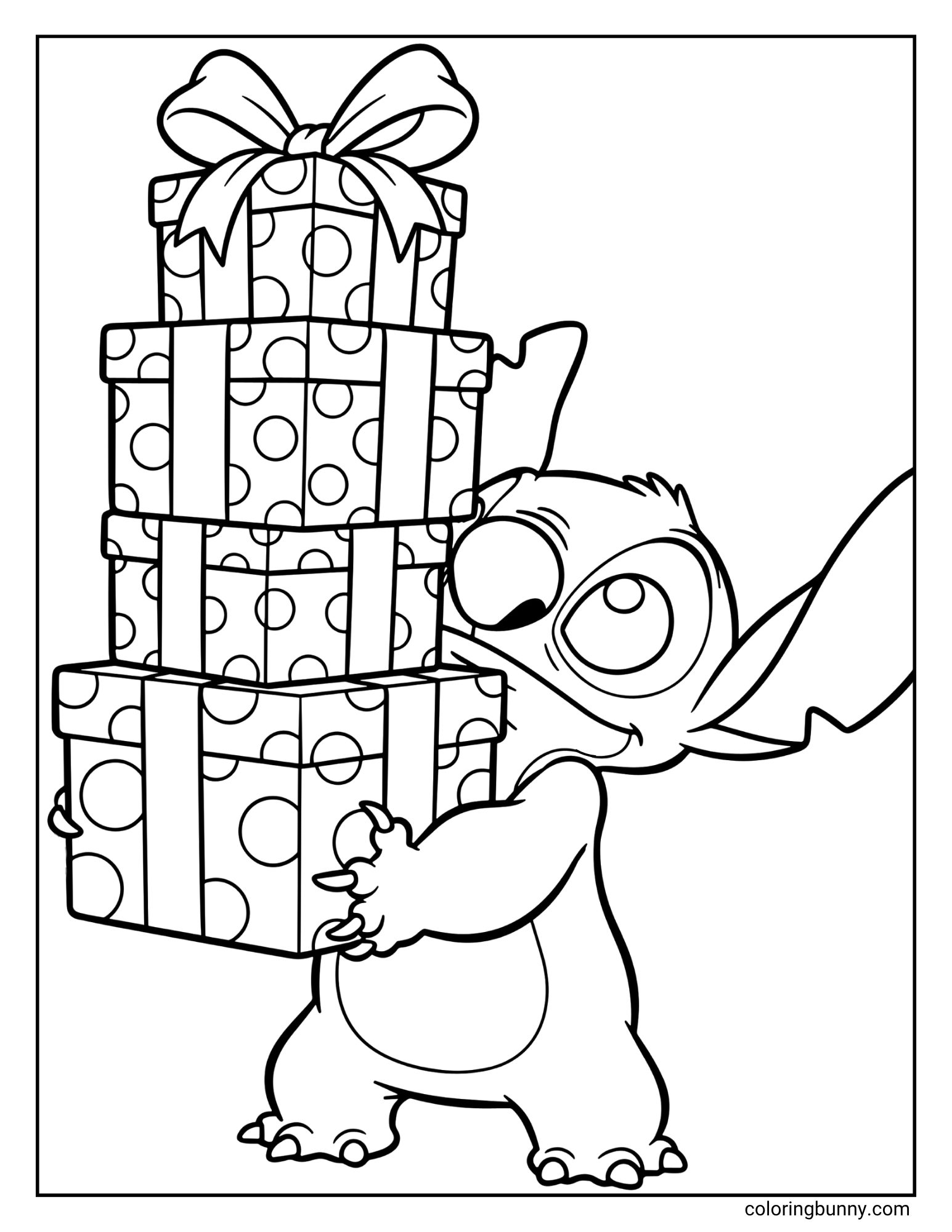 A black and white coloring page of the character Stitch standing and holding a tall, wobbly stack of four polka-dotted presents.