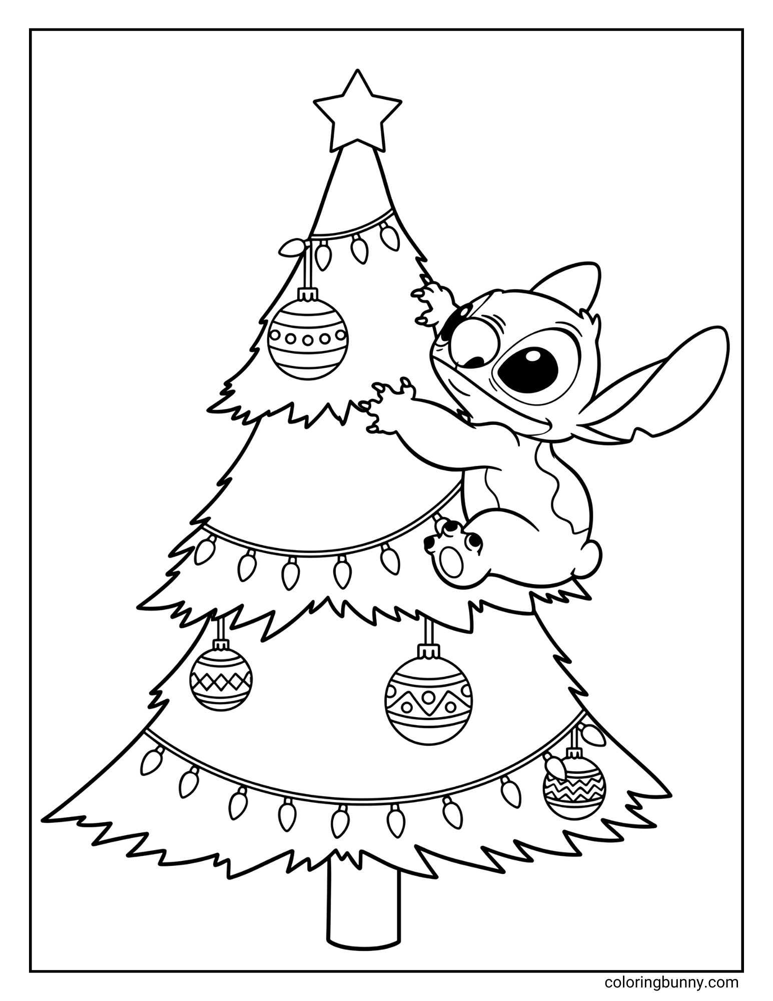 A black and white coloring page featuring the character Stitch. He is mischeviously climbing up a decorated Christmas tree, knocking one of the ornaments.