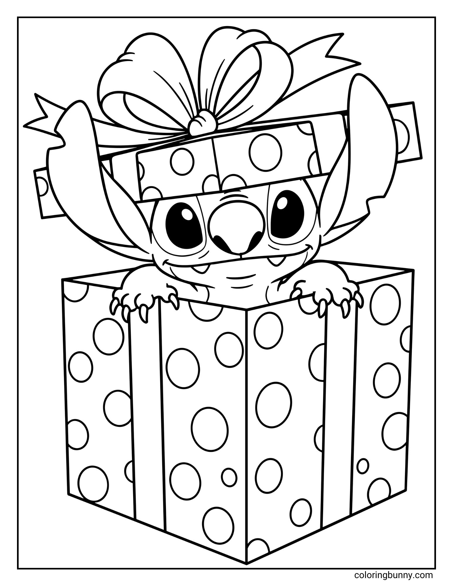 A Christmas coloring page featuring the character Stitch. He is peeking out of a polka-dotted gift box with the lid on his head.