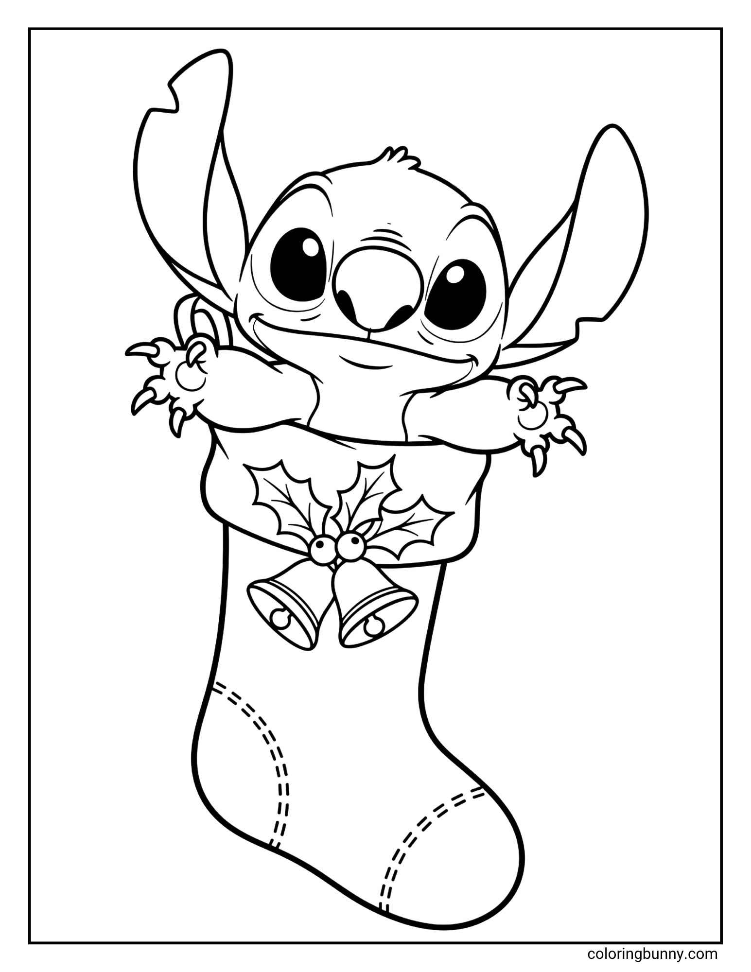 A Christmas Stitch coloring page featuring the character Stitch. He is happily peeking out of a Christmas stocking that is decorated with holly and jingle bells.
